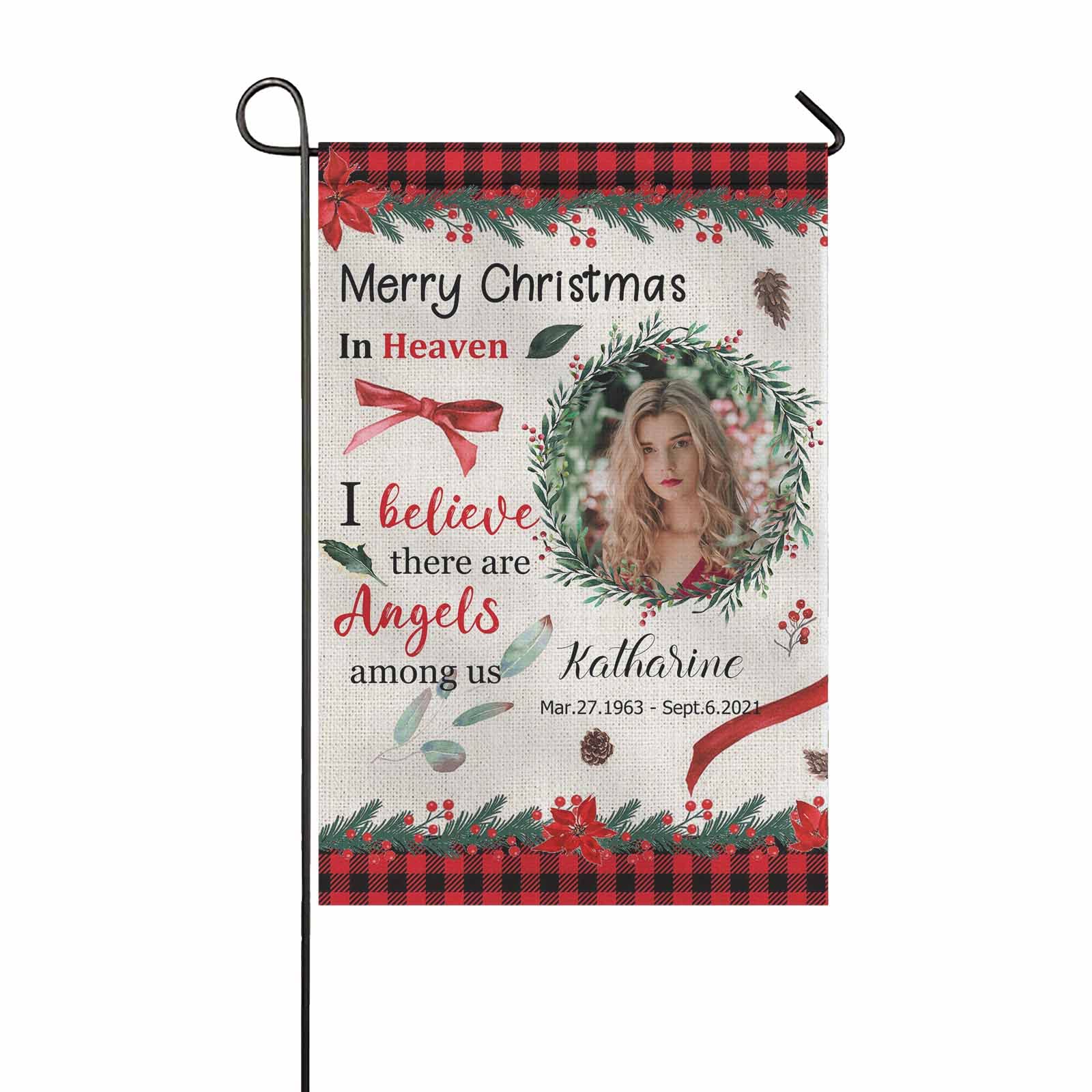 Custom Memorial Garden Flag - Personalized In Loving Memory Yard Banner with Photo & Text - Double Sided 12x18 Inch - Perfect for Graves, Flower Pots & Outdoor Decor - Christmas in Heaven Wreath Design for Holiday Remembrance