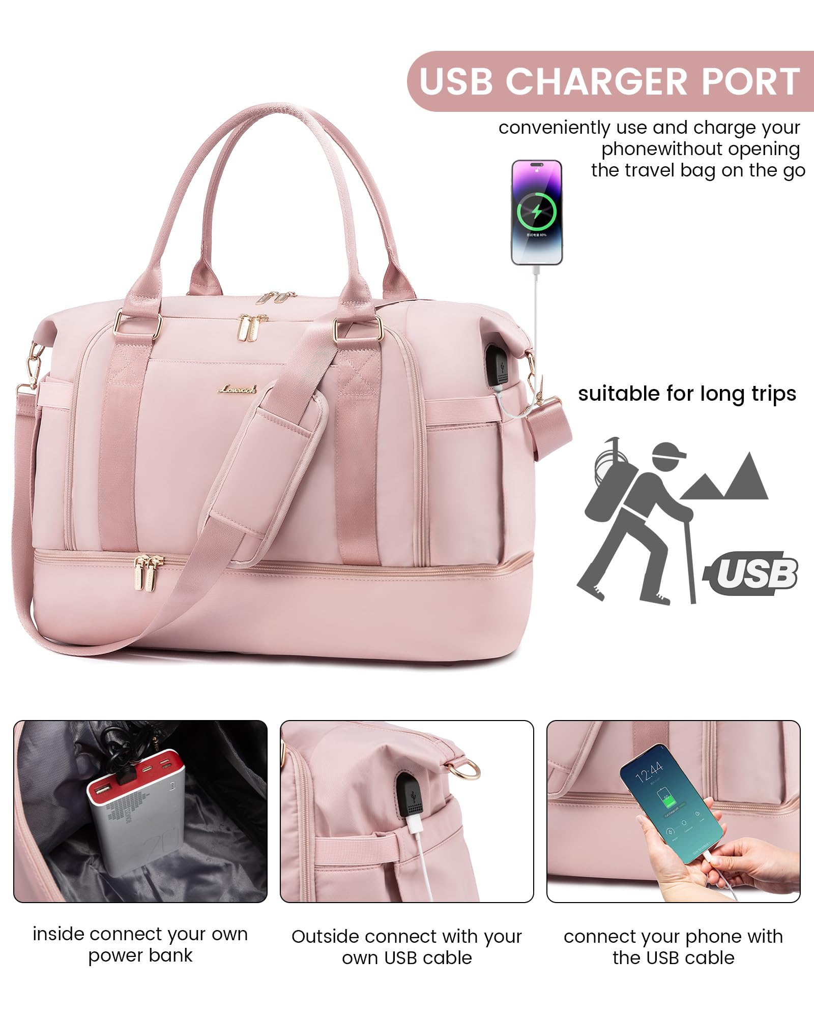LOVEVOOK Women's Gym Bag with USB Charging Port & Shoe Compartment - Waterproof Travel Duffel, Weekender Overnight Bag, Hospital Delivery Bag - Perfect for Workouts, Travel, Maternity & Weekend Getaways