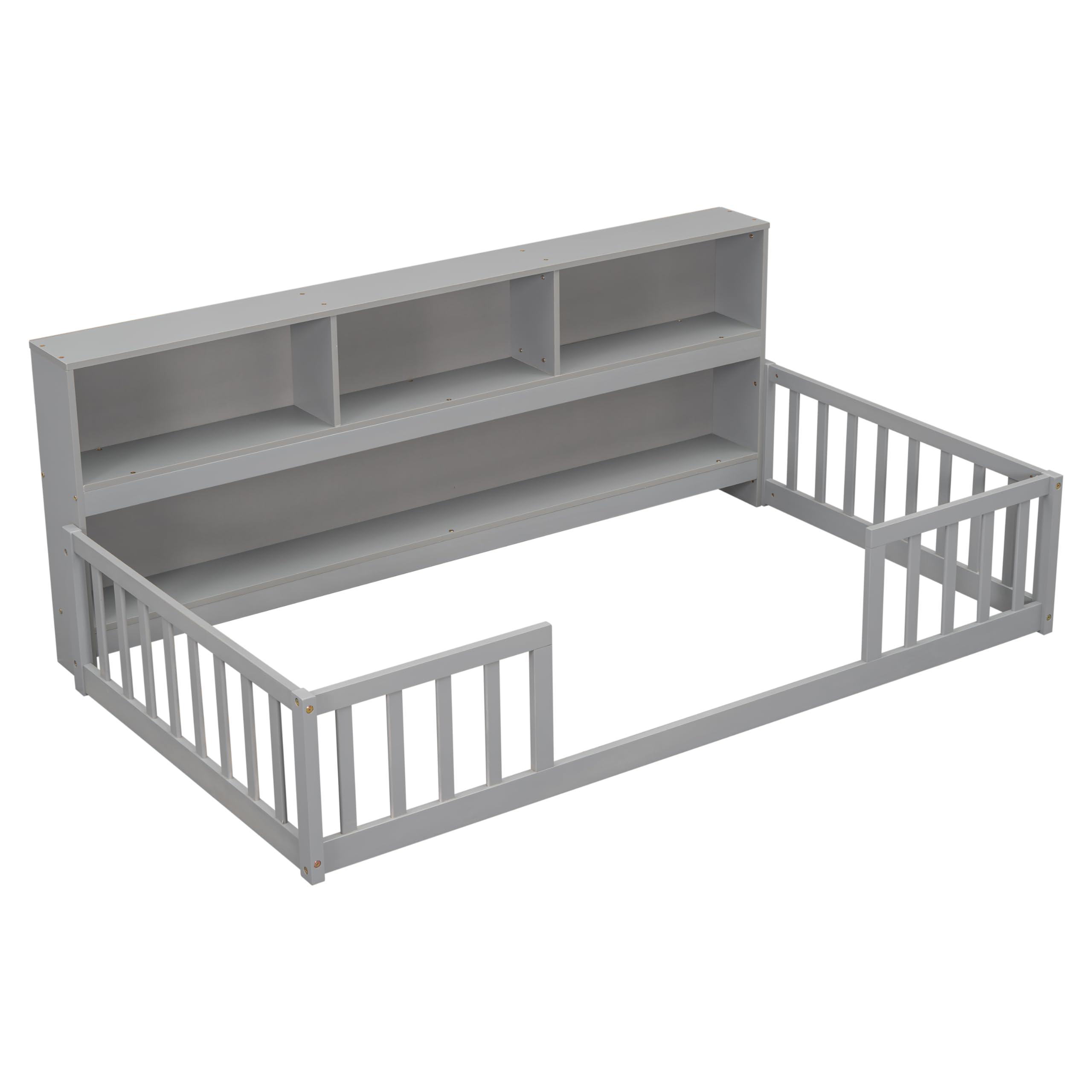 Montessori Floor Bed for Kids - Twin Size with Bookcase, Shelves & Guardrails - Gray Wooden Bed Frame for Boys & Girls - Perfect for Bedrooms, Playrooms & Montessori Learning Spaces