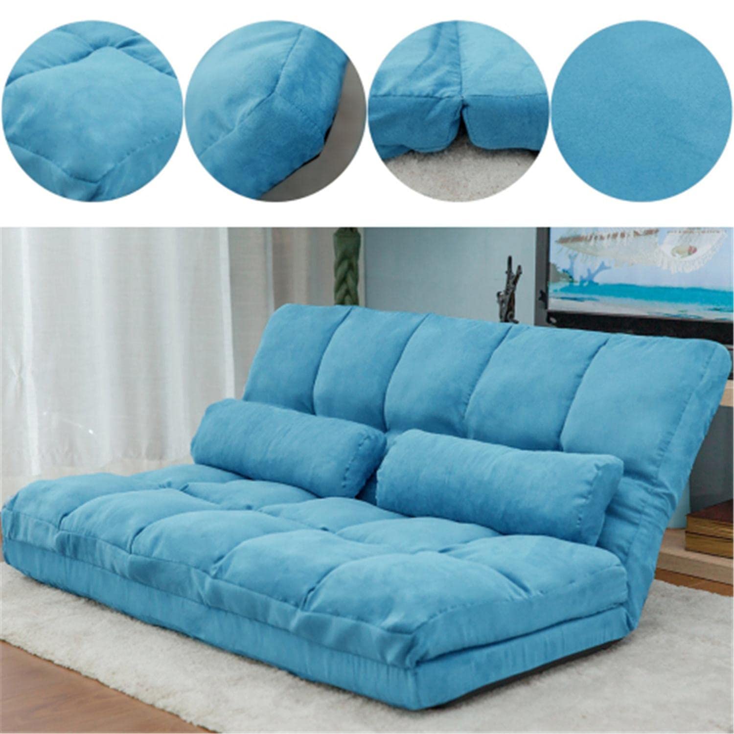Double Chaise Lounge Sofa Bed - 5-Position Reclining Floor Futon with 2 Pillows (Blue) | Perfect for Living Room, Bedroom & Small Spaces