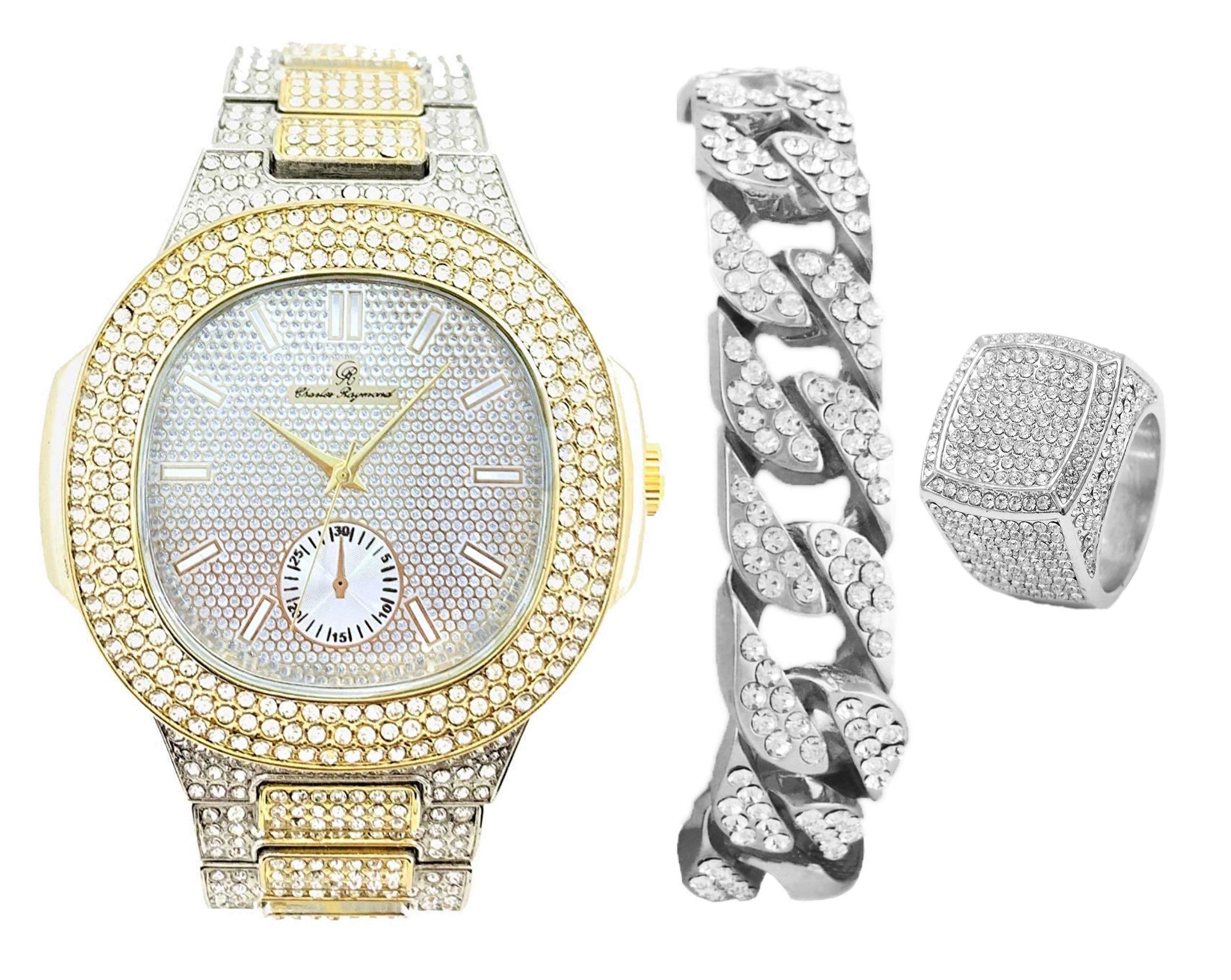 Luxury Charles Raymond Men's Watch Set - Bling Cuban Bracelet & King Ring - Stylish PP Look Watch for Men - Perfect for Parties, Gifts & Special Occasions