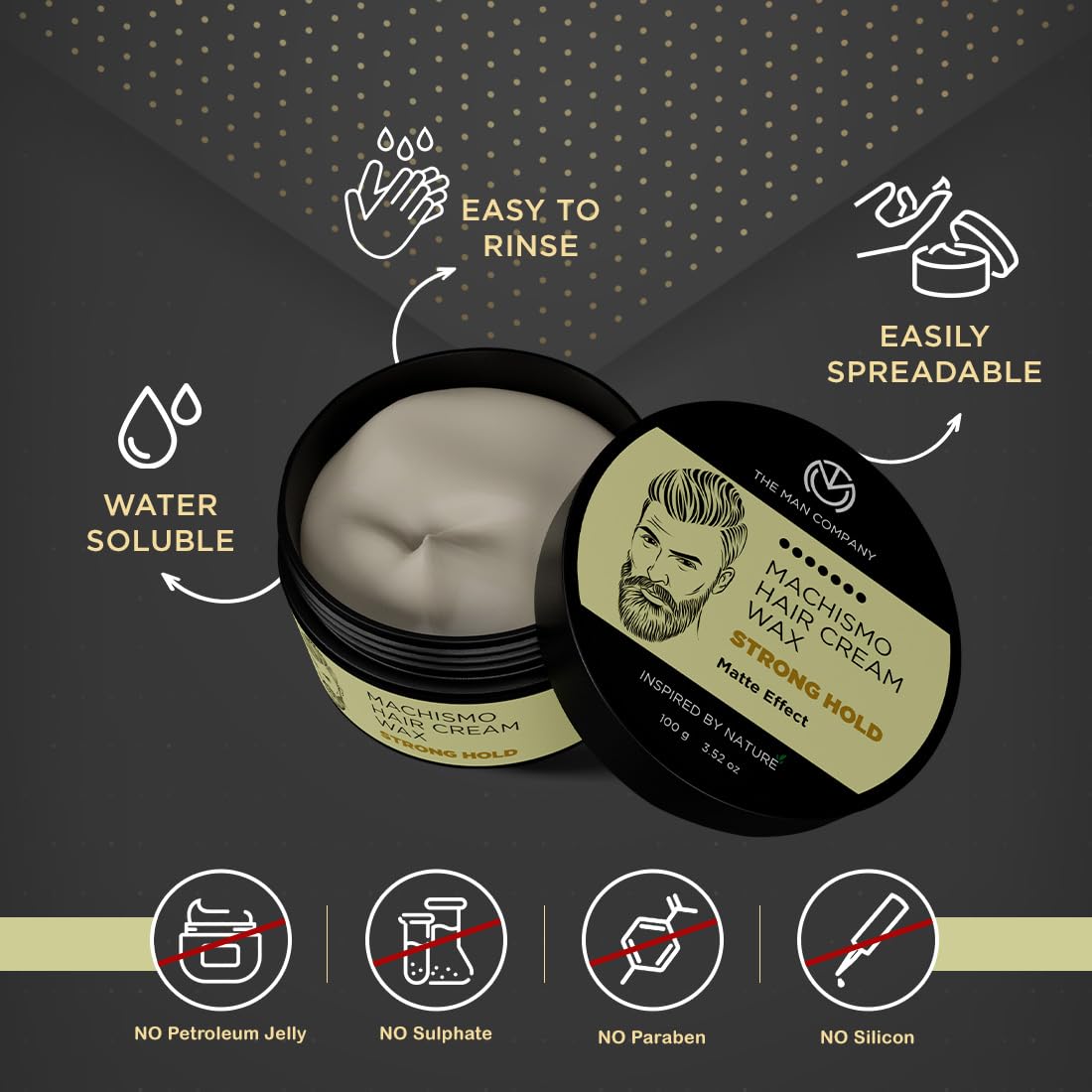 The Man Company Machismo Stronghold Hair Wax for Men - 100g Matte Finish Styling Wax with Volume | Non-Sticky & Long-Lasting Hold | Perfect for Pompadour, Quiff & Spiky Hairstyles | Salon-Quality Men's Grooming Product