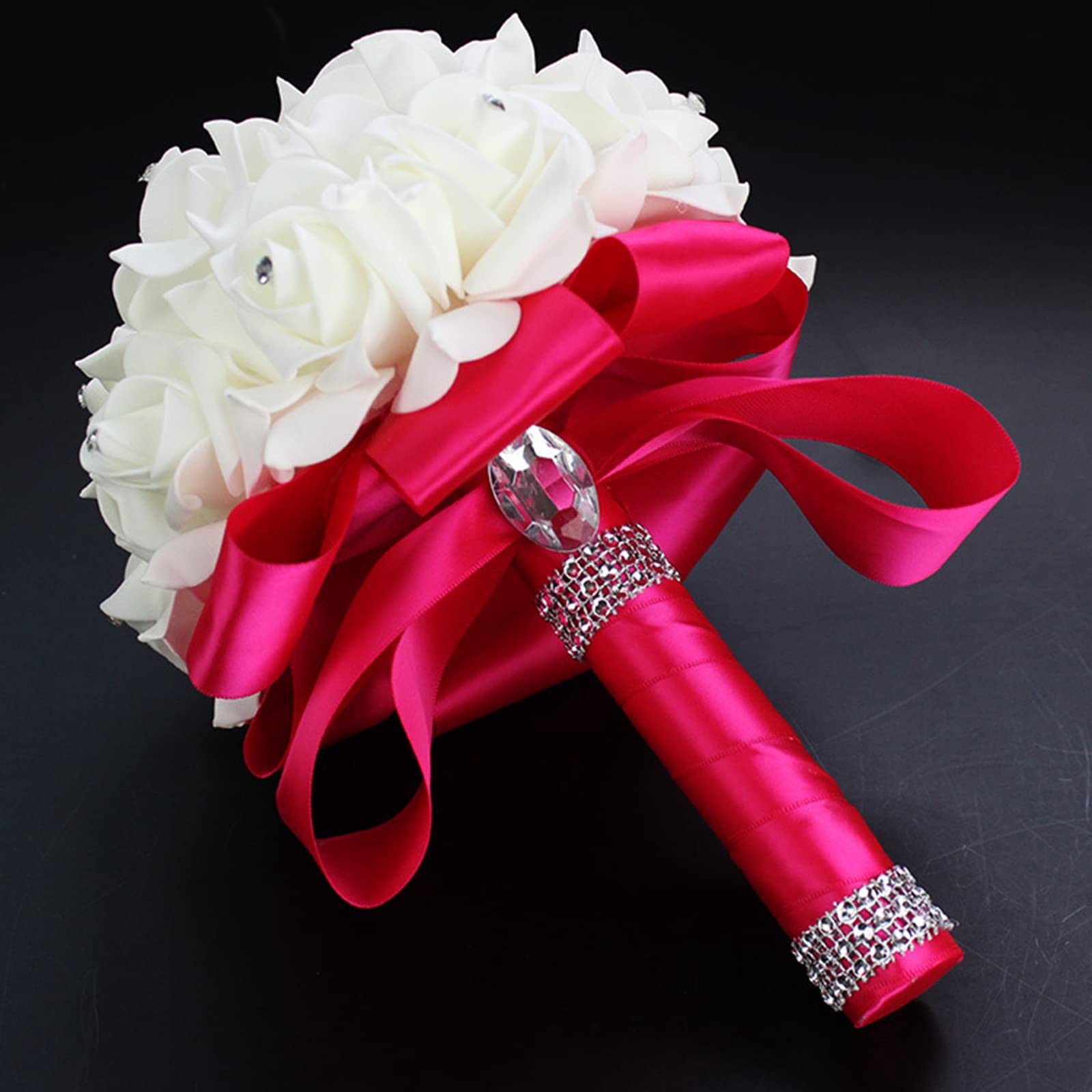 Artificial Bridal Bouquet - Foam Rose Hand Bouquet for Bride & Bridesmaids - Wedding Fake Flowers with Ribbon (B Rose Red, 18cm×24cm) - Perfect for Weddings, Bridal Showers & Photo Props