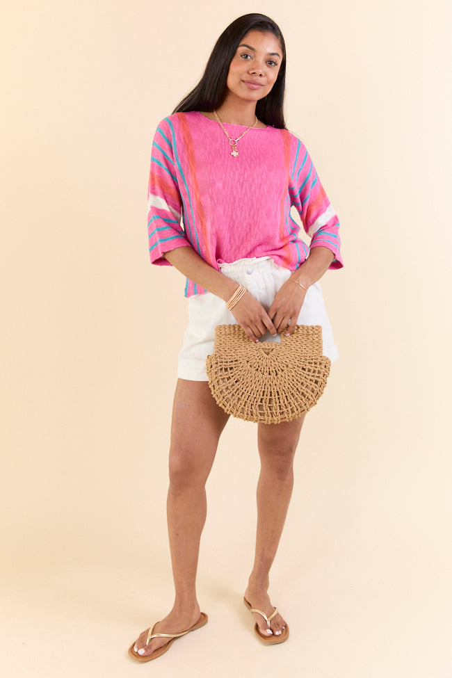 Women's Pink Striped Long Sleeve Sweater - Soft Knit Pullover for Fall & Winter - Perfect for Office, Date Night & Casual Outfits