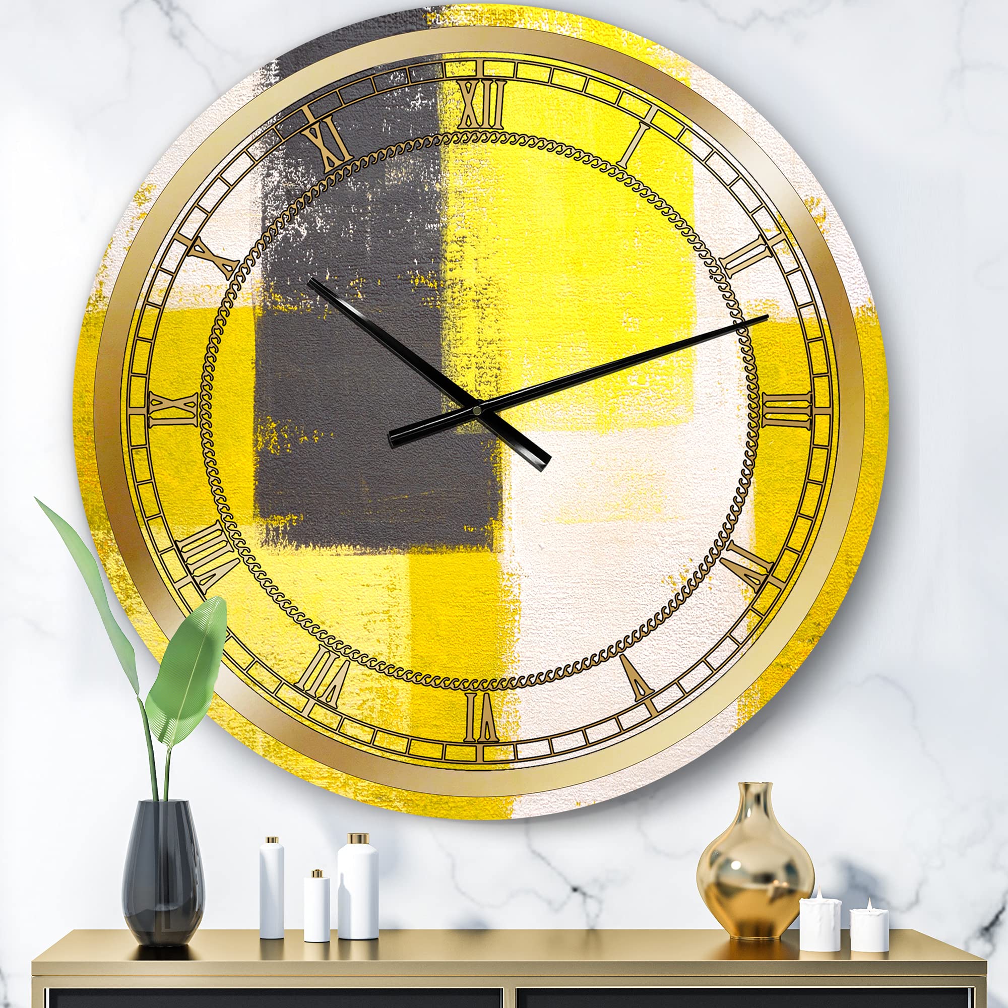 Modern Grey and Yellow Blue Abstract Wall Clock - Large Contemporary Art Clock for Living Room, Bedroom, Office Decor | Perfect for Home & Workspace Décor