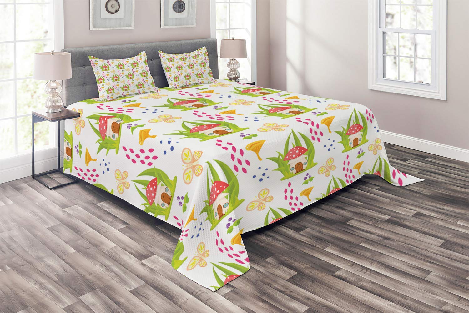 Ambesonne King Size 3-Piece Quilted Bedspread Set with 2 Pillow Shams - Spring Forest Mushroom & Toadstool House Pattern, Multicolor Fictional Art Bedding - Perfect for Cozy Bedrooms, Guest Rooms & Bohemian Decor
