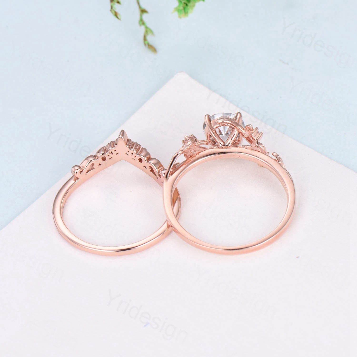 Leaf Twig Gray Moissanite Engagement Ring Set - Platinum Moissanite Wedding Band for Women - Nature Inspired Leaves Bridal Jewelry - Perfect for Outdoor Weddings & Nature-Themed Proposals