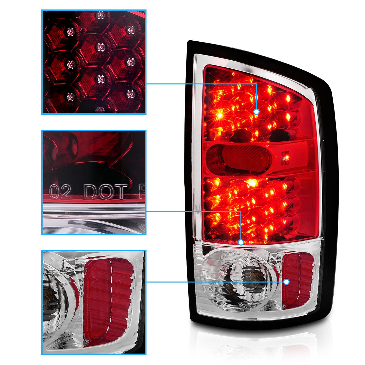 AmeriLite Clear Red LED Tail Lights Replacement Set for 2002-2006 Dodge Ram 1500/2500/3500 Pickup Truck - Left & Right Side - Bright & Durable for Night Driving & Enhanced Safety