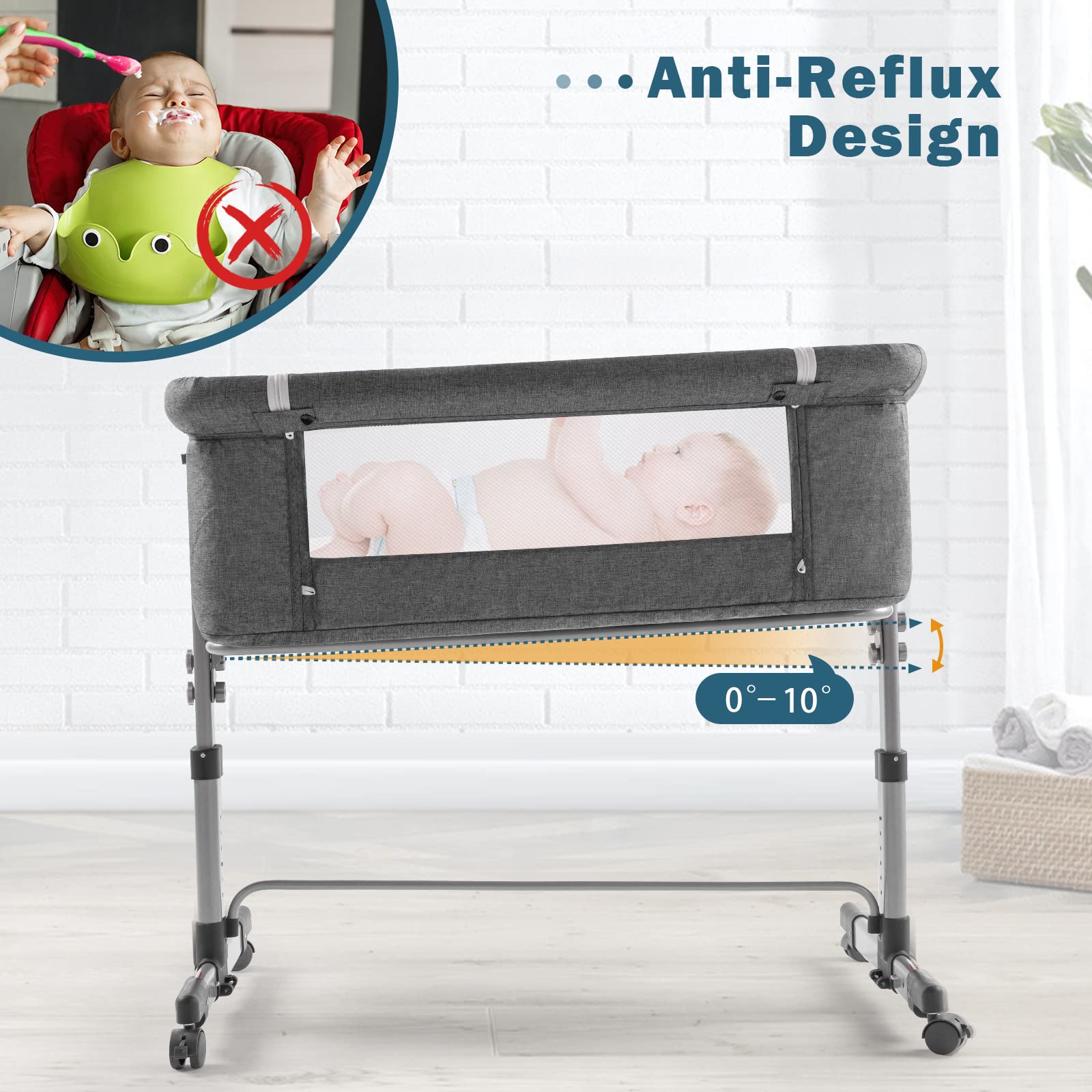 Ihoming Portable Baby Bassinet Bedside Sleeper with Storage Basket - Adjustable Folding Crib for Newborns & Infants - Deep Gray - Perfect for Nursery, Bedroom & Travel