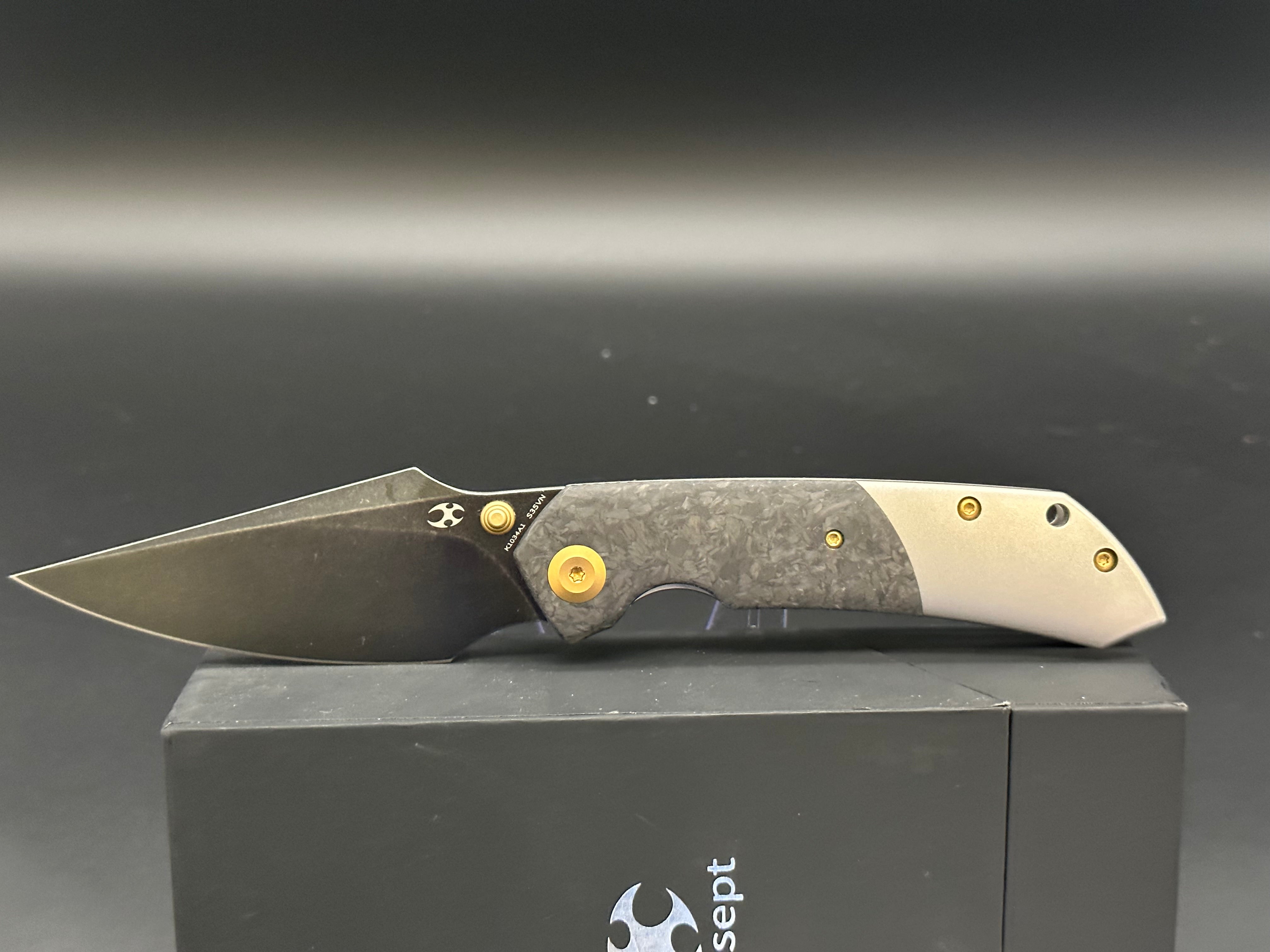 KANSEPT FENRIR Folding Knife - Shredded Carbon Fiber & Titanium Handle - EDC Pocket Knife for Outdoor Camping, Hiking & Everyday Carry