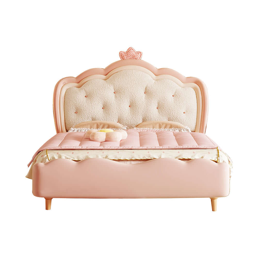 Modern Pink & White Wooden Princess Bed for Kids - Elegant Cream Style Nursery Furniture for Girls' Bedroom Decor & Playtime
