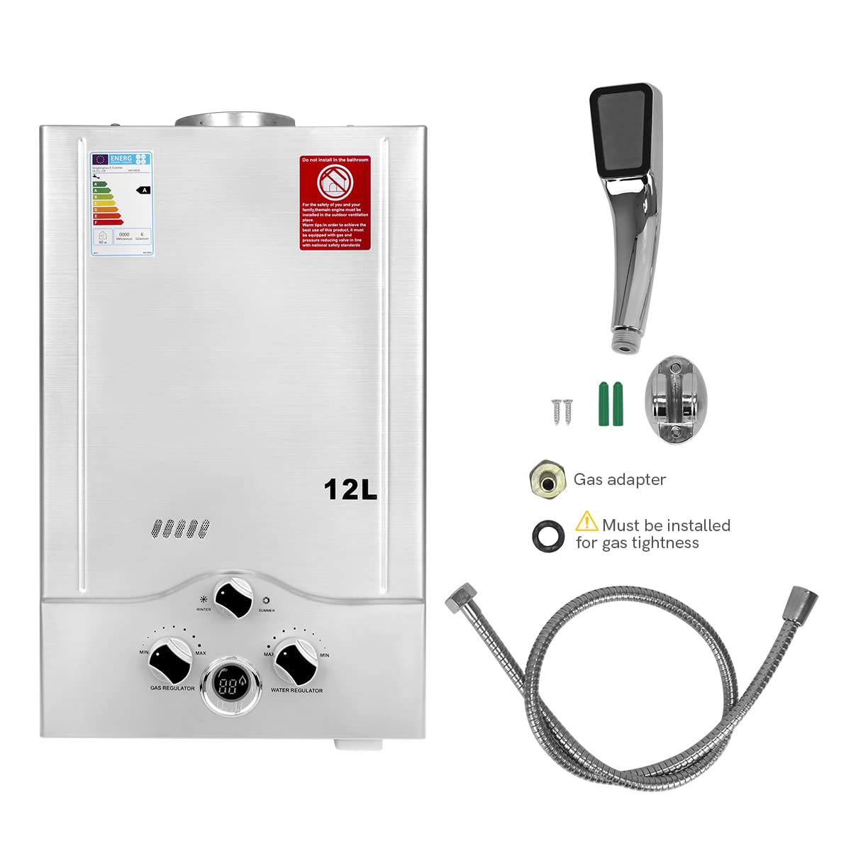 12LPM Gas Water Heater 24KW - Low Water Pressure 0.2 Bar - Works with Propane & Butane - Perfect for Camping, RV & Off-Grid Living