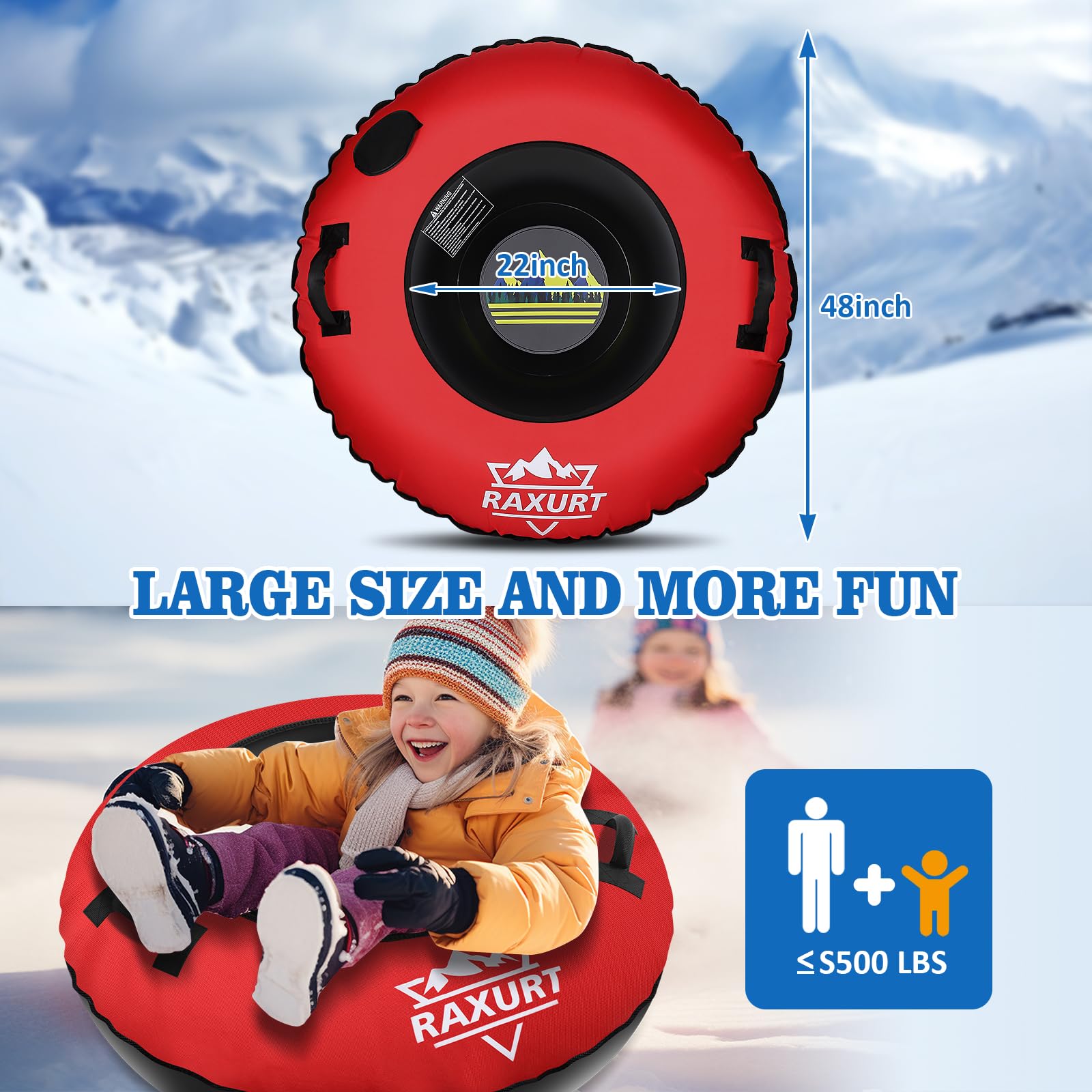 Premium Heavy Duty Snow Tube with Thickened Bottom - 48'' Inflatable Snow Sled for Kids & Adults - Durable Canvas Cover - Winter Outdoor Fun Toy for Boys, Girls & Families - Perfect for Sledding, Snow Tubing & Backyard Winter Activities