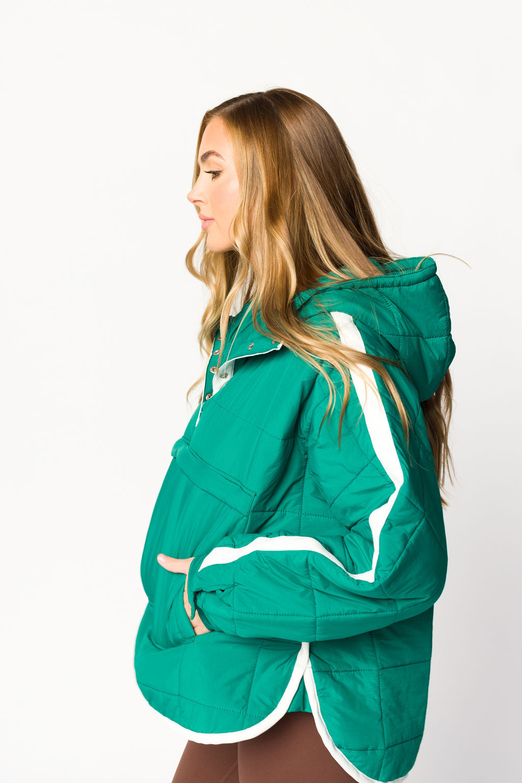Joanna Quilted Puffer Pullover Jacket for Women - Warm Winter Hooded Coat in Hunter Green/White | Outdoor Hiking, Skiing & Casual Wear