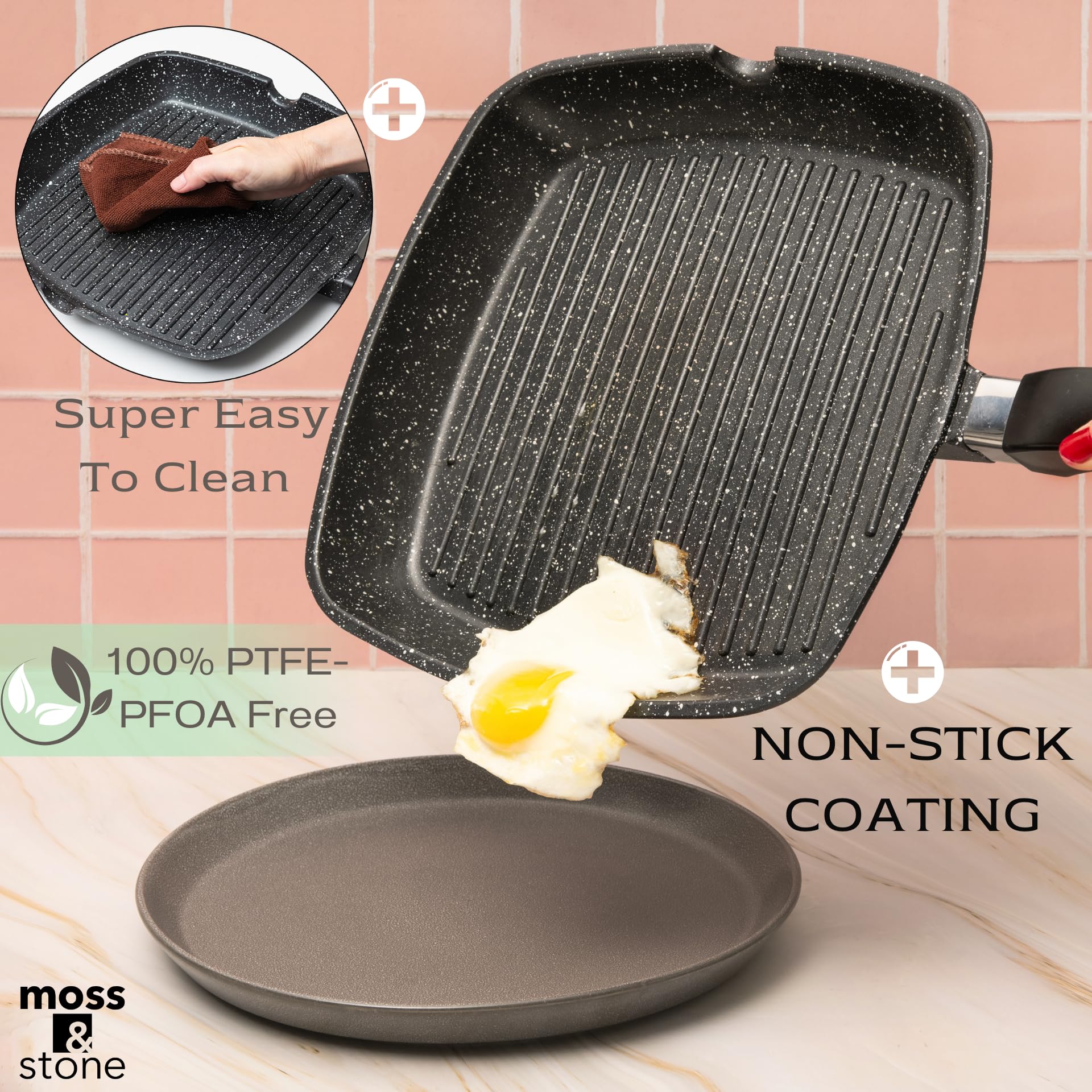 11 Inch Moss & Stone Aluminum Nonstick Grill Pan for Stove Tops - PFOA Free Square Griddle with Pour Spouts, Large Cooking Surface for Indoor & Outdoor Grilling - Perfect for Pancakes, Burgers, Steaks and Camping Cookouts