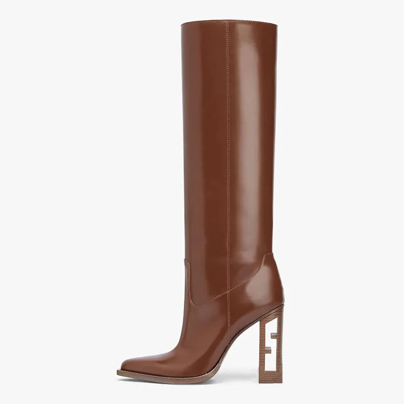 Arden Furtado Women's Knee High Leather Boots with Hollow Out Design & Chunky Heels - Fashionable Brown Tan Riding Boots for Women | Perfect for Fall Outfits, Casual Wear & Horseback Riding