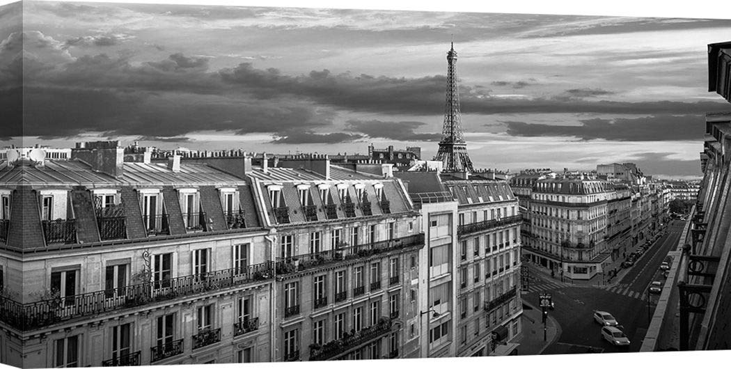 Pangea Images Art Print - Morning in Paris Black & White Cityscape Canvas Wall Art 55x28 Inches (140x70 cm) - Perfect for Living Room, Bedroom & Office Decor