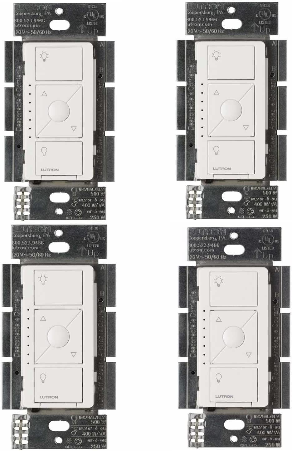 Lutron Caseta Smart Dimmer Switch ELV+ (Requires Lutron Hub) - 250W LED, Single-Pole/3-Way, Neutral Wire Needed - PD-5NE-WH 4-Pack in White - Perfect for Smart Home Lighting Control in Living Rooms, Bedrooms & Kitchens