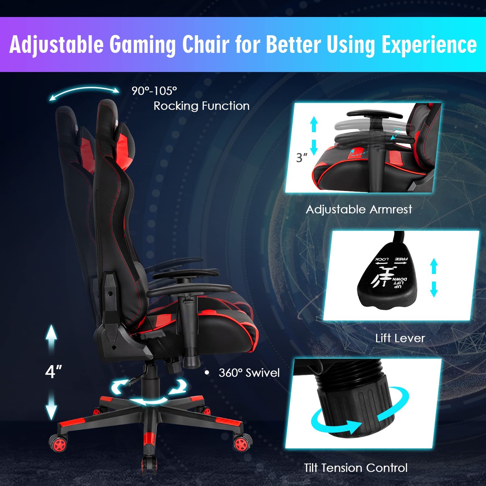 POWERSTONE RGB Gaming Chair with LED Lights - Ergonomic Racing Style Computer Chair for Adults, High Back Office Desk Chair with Adjustable Lumbar Support & Armrests - Perfect for Gaming, Streaming & Home Office (Red)