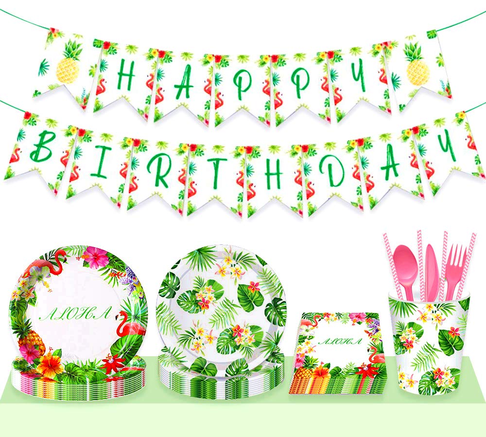 JeVenis 33 PCS Flamingo Birthday Banner & Hawaiian Party Supplies Set - Tropical Luau Decorations for Flamingo Themed Parties, Plates, Banners & More - Perfect for Beach Parties, Poolside Celebrations & Summer BBQs