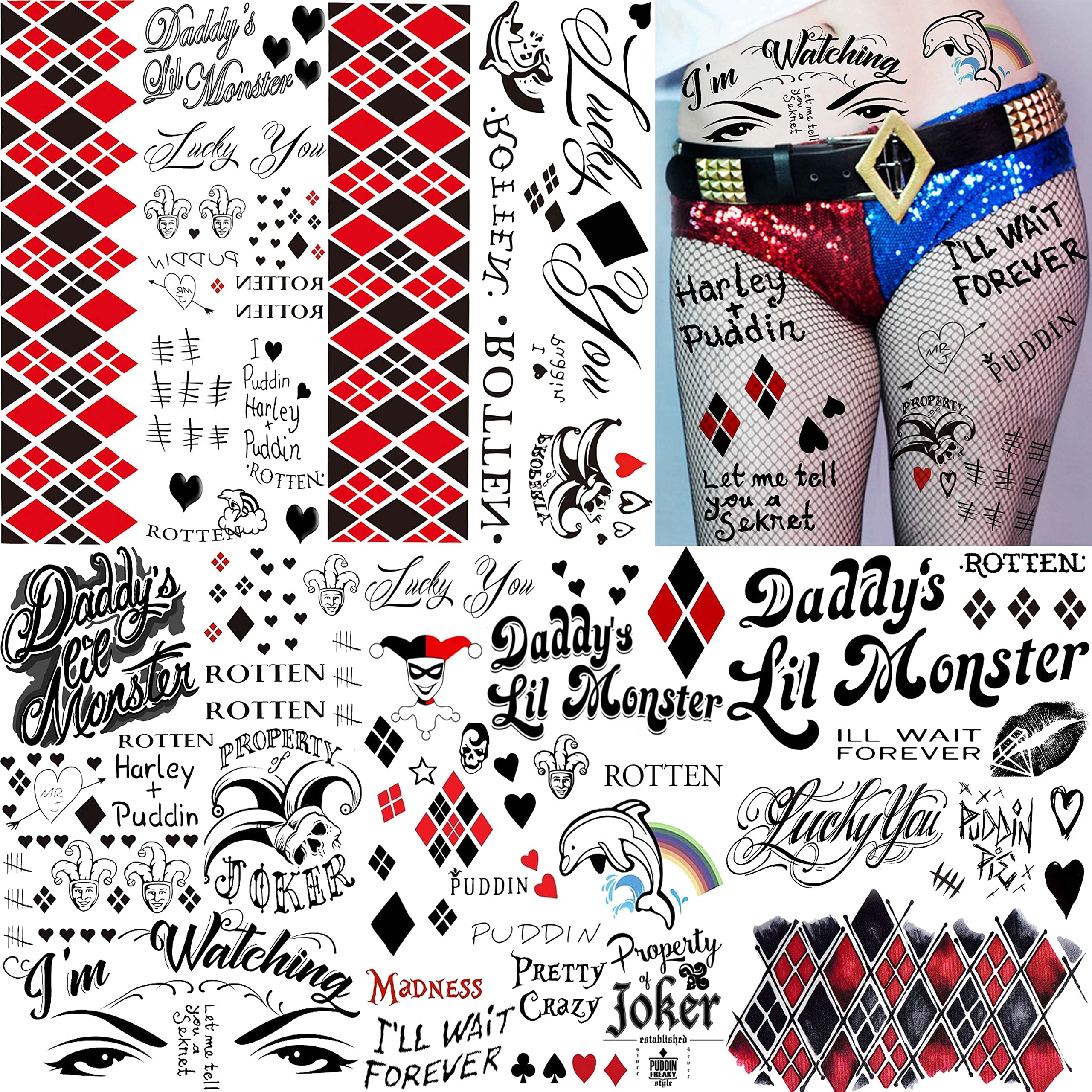 Premium 5-Pack Temporary Tattoos for Women & Adults - Halloween Makeup Kit with Joker Face Designs | Costume Party Accessories, Gothic Prisoner & Rapper Fake Tattoo Stickers for Halloween, Cosplay, Themed Parties & Festive Events