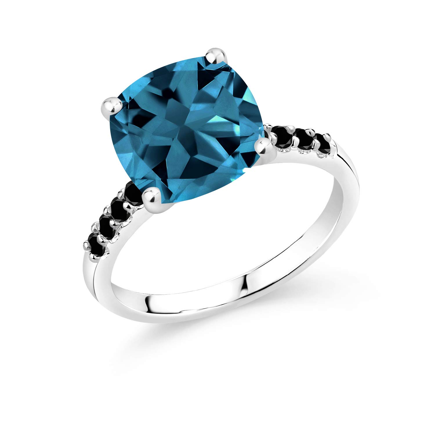 5.53 Ct Cushion London Blue Topaz & Black Diamond 10K White Gold Ring for Women | Elegant Engagement, Anniversary & Wedding Jewelry Gift