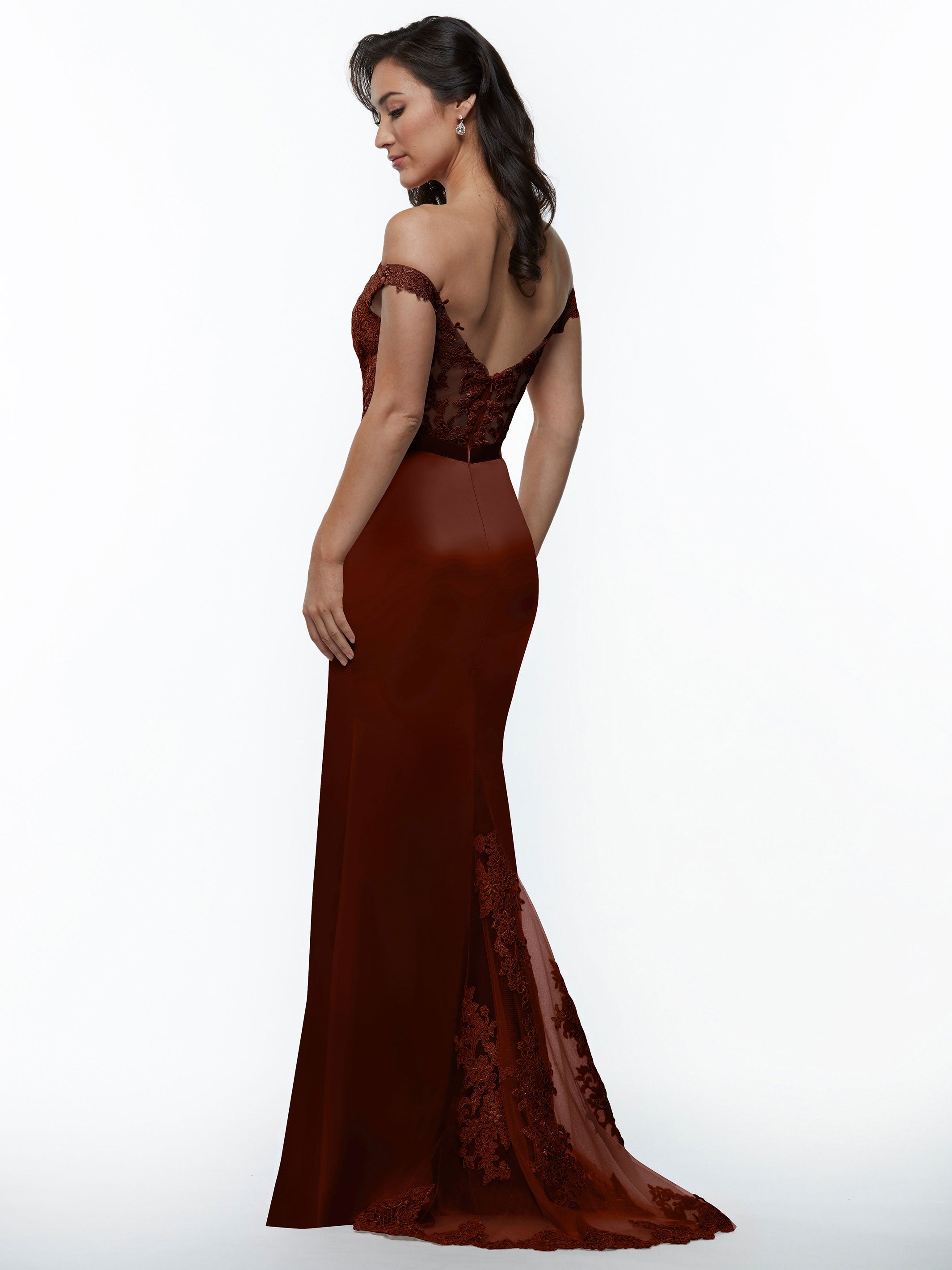 Elegant 80104 Satin Off-The-Shoulder Bridesmaid Dress with Lace Bodice & Waist Sash - Perfect for Weddings, Proms & Formal Events