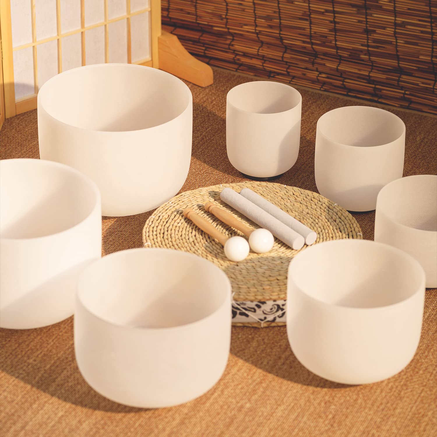 KVKA 7-12 Inch 440Hz Crystal Singing Bowls Set of 7 Pieces - White with Carrying Cases for Yoga, Meditation, Sound Healing & Relaxation Therapy