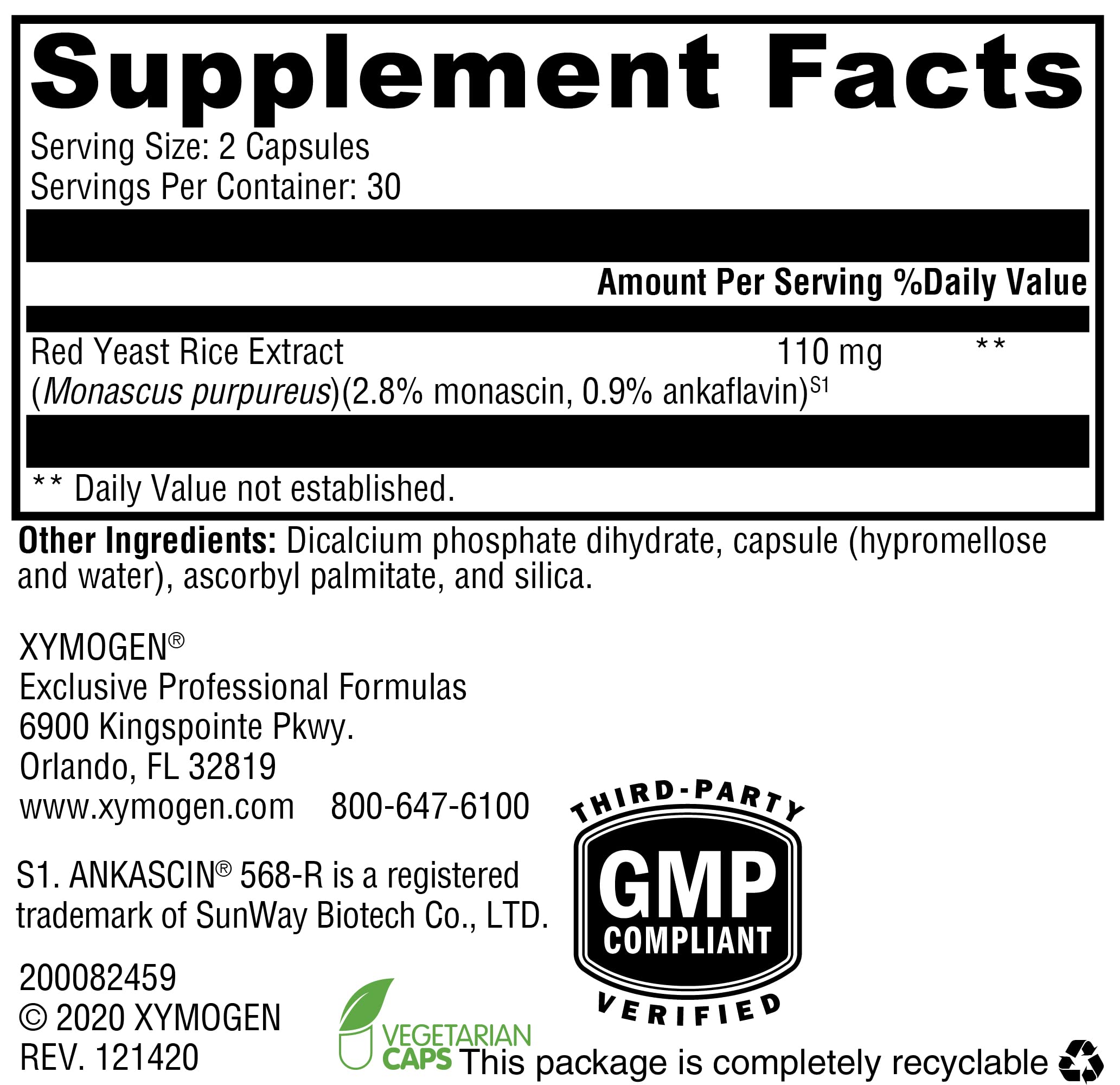 XYMOGEN Red Yeast Rice Supplement - Non-GMO, Citrinin-Free 60 Capsules for Heart Health & Cholesterol Support - Maintain Healthy Blood Lipid Levels - Perfect for Daily Cardiovascular Wellness Routine