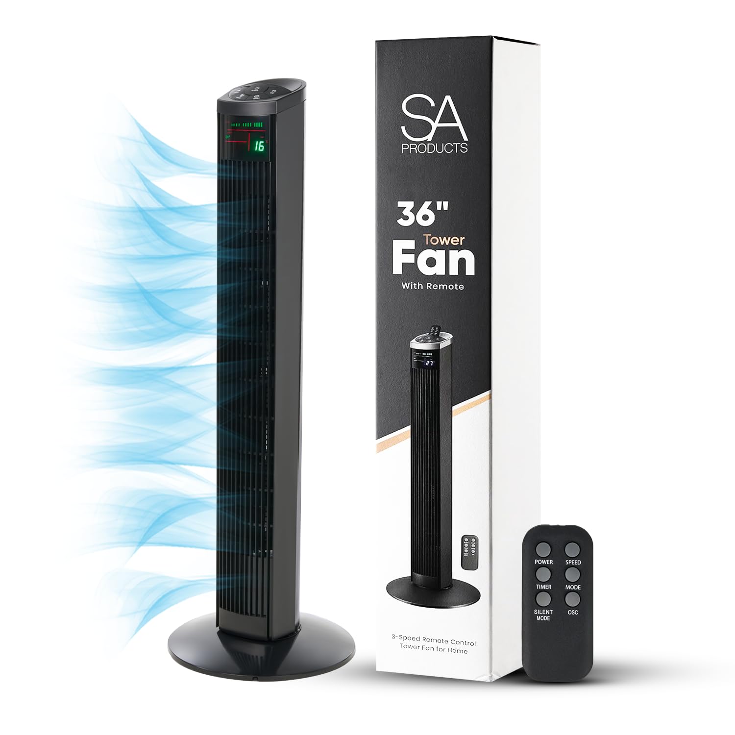 SA Products 36” Oscillating Tower Fan with Remote - 3 Speed Settings, 3 Modes, LED Display & Timer - Ultra Quiet Standing Floor Fan for Bedroom, Office, Living Room - Perfect for Home Cooling, Nursery & Workspaces - Black