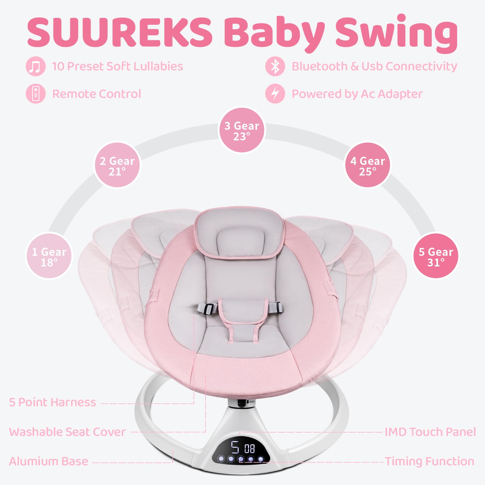 Suureks Baby Swing for Infants - 5 Motion Rocker with Natural Sway, LED Touch Panel & Music Speaker | Remote Control Infant Swing (Pink) | Perfect for Nursery, Playtime & Soothing Fussy Babies