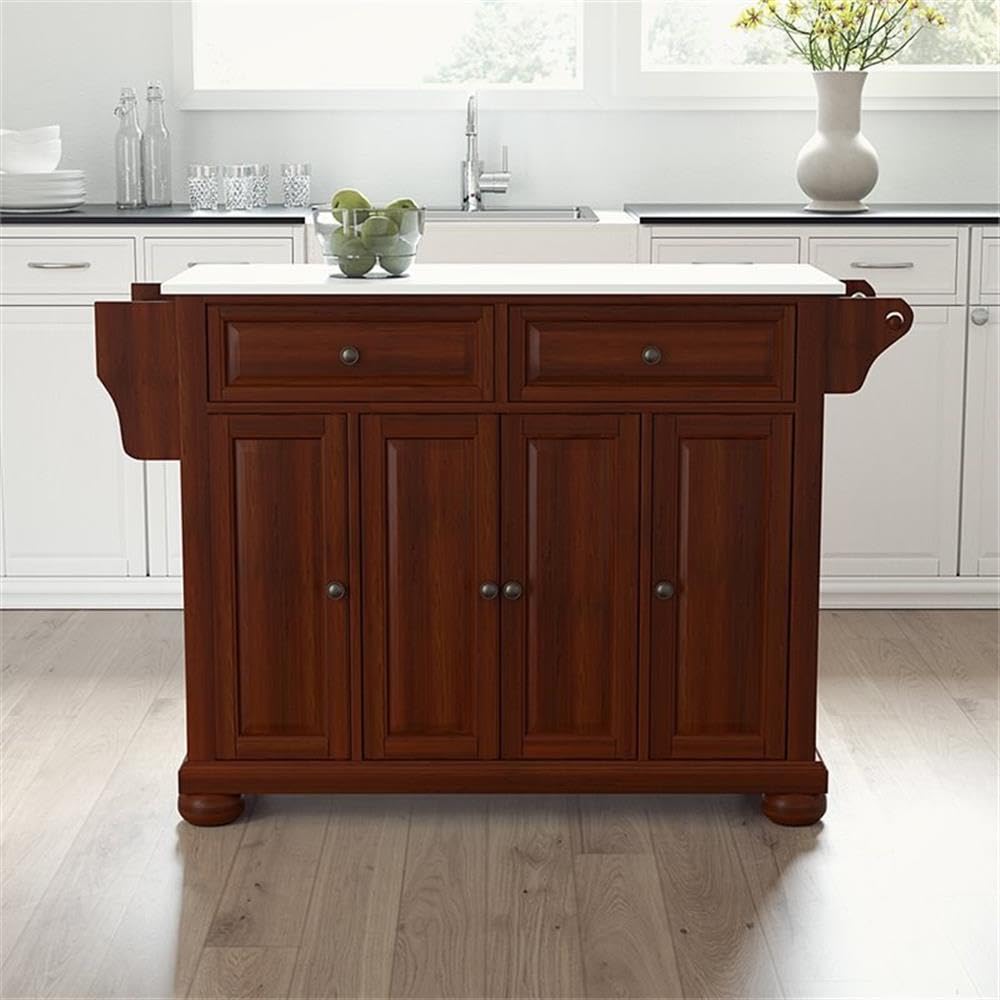Pemberly Row Transitional Wood and Granite Kitchen Island in Mahogany - Stylish and Functional Centerpiece for Modern Kitchens, Perfect for Meal Prep, Entertaining & Extra Storage