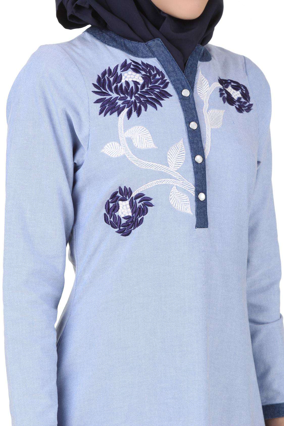 Mahek Ice Blue Chambray Cotton Abaya - Modest Muslim Dress for Women | Lightweight & Breathable Prayer Dress | Perfect for Eid, Ramadan & Daily Wear