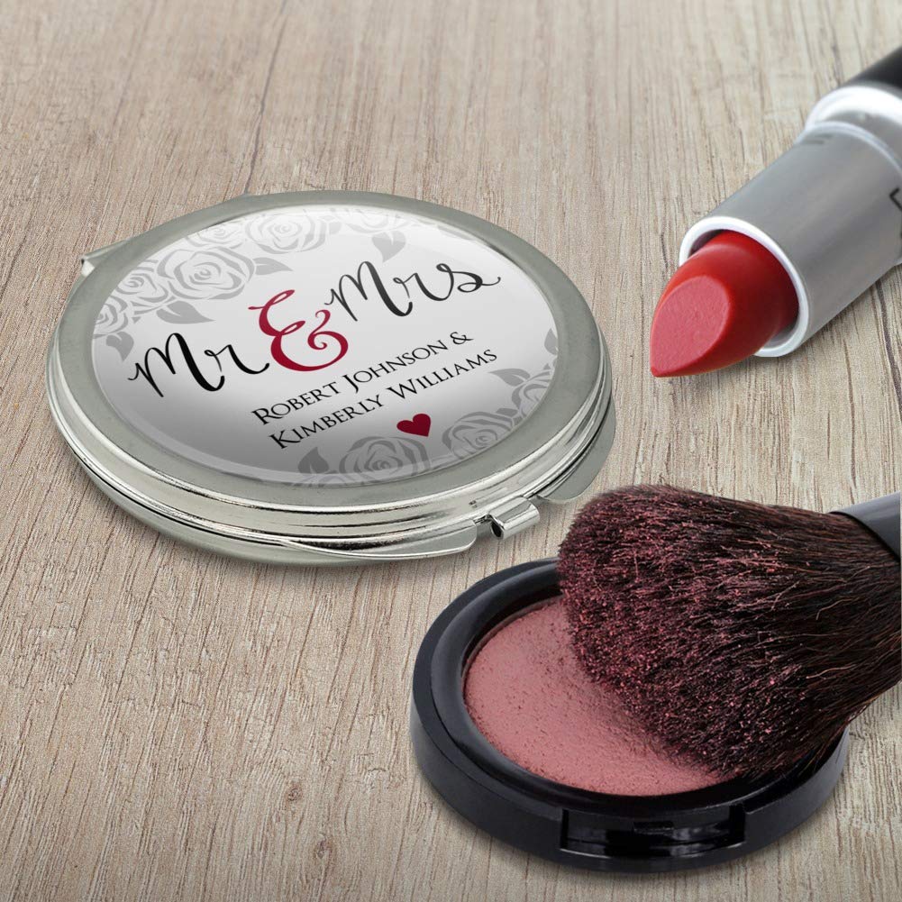 Personalized Mr & Mrs Wedding Compact Mirror - Custom Engraved 2 Lines - Travel Makeup Purse Handbag for Bridal Shower, Honeymoon & Anniversary Gifts