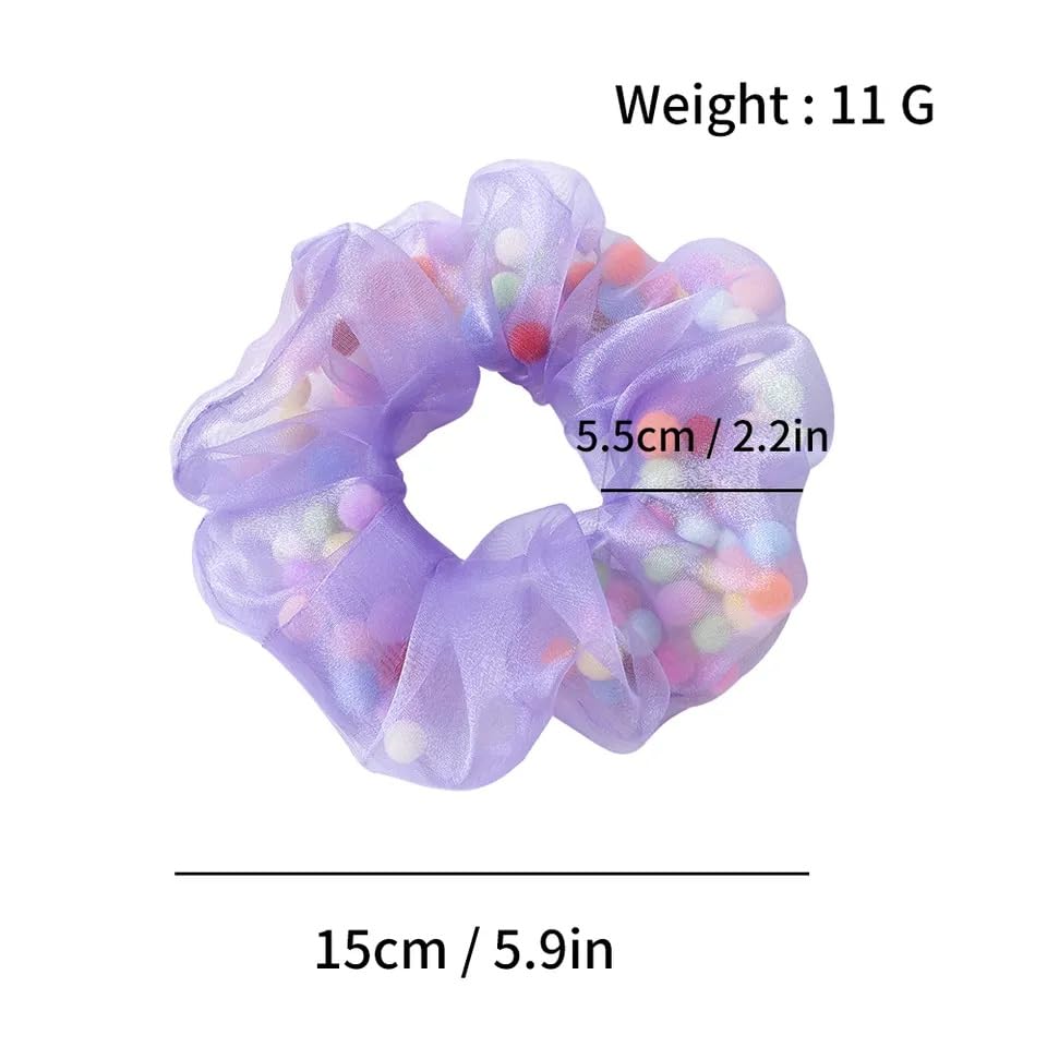 Honbon Soft, Light & Non-Slip Chiffon Scrunchies with Mesh Pom Pom Balls - 12 Pack Colorful Hair Ties for Women & Girls (Thin/Thick Hair) - Perfect for School, Work, Parties & Everyday Styling