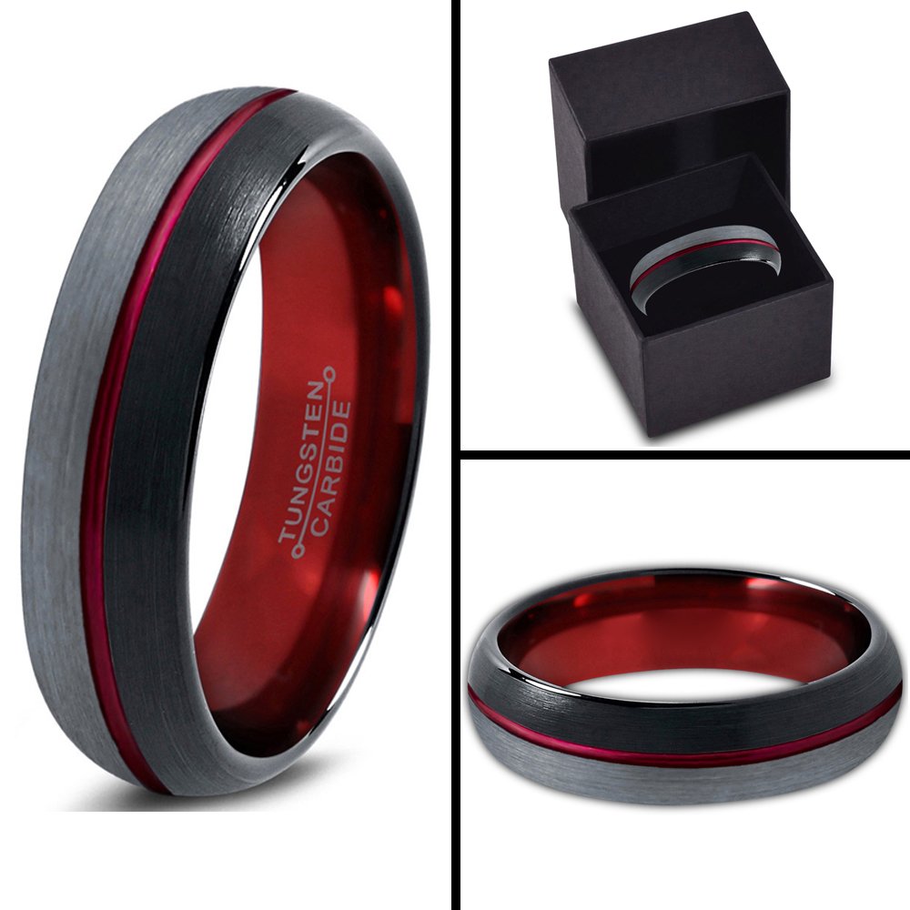 Tungsten Carbide Wedding Band Ring 4mm for Men & Women - Blue Black Center Line, Dome Black Grey, Half Brushed Polished - Custom Engraved Anniversary & Engagement Ring - Perfect for Weddings, Proposals & Special Occasions