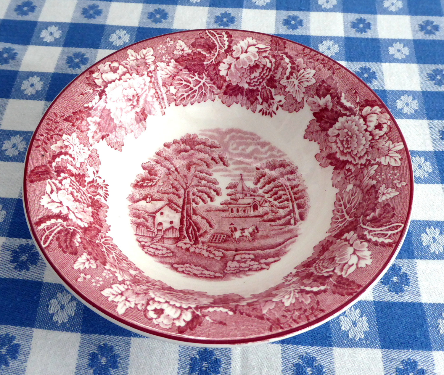 Vintage 1950s English Scenery Red Transferware Ironstone Soup & Cereal Bowl - Antique Woods Design for Dining, Collecting & Home Decor