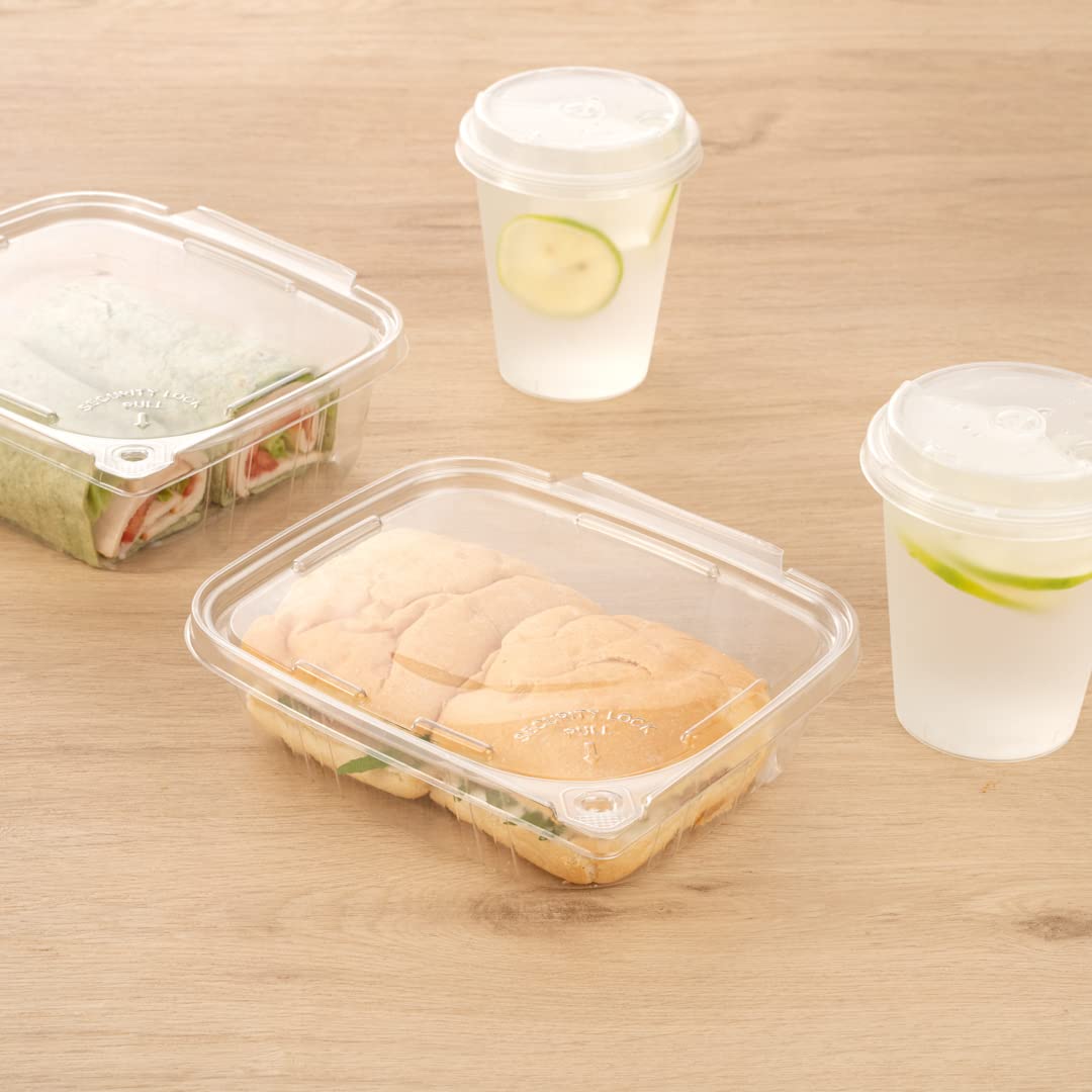 Restaurantware Tamper Tek 24oz (100 Pack) Clear Plastic Take Out Containers with Hinged Lid - Tamper-Evident, Freezable, Disposable Meal Prep Containers for Deli, Lunches, Catering & Food Storage