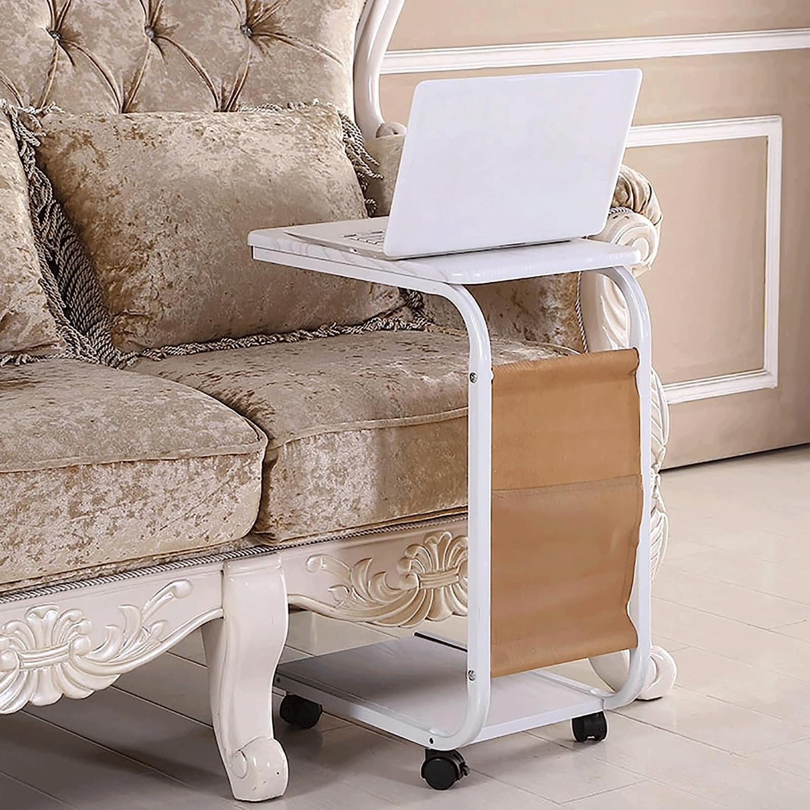 Adjustable Overbed Table with Wheels - C-Shaped Mobile Standing Desk for Laptop, Bedside Work & Dining - Steel Frame Height-Adjustable Side Table for Home, Hospital & Office Use