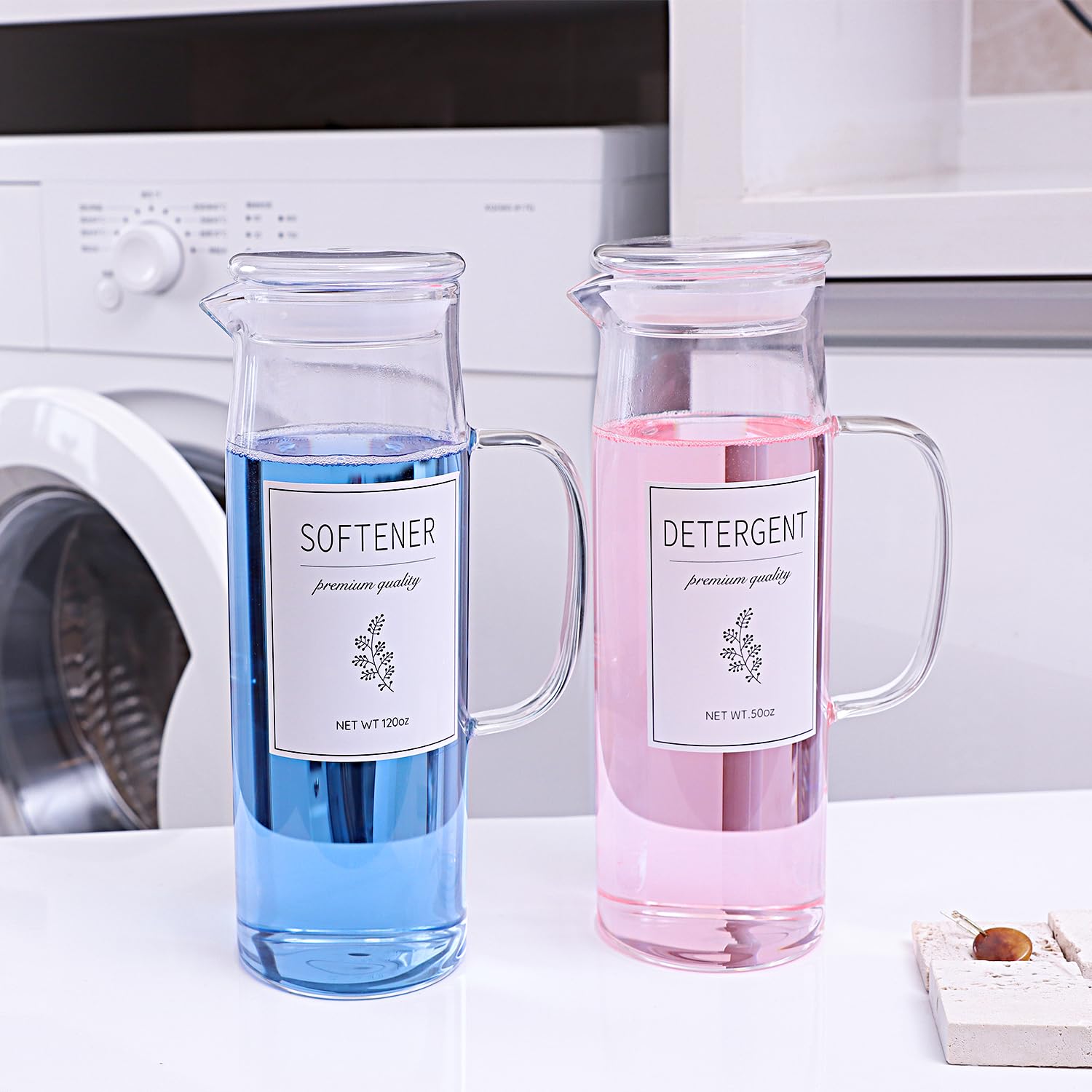 2-Pack 50oz Laundry Detergent Dispenser Set with Handle & Labels - Easy Pour Liquid Detergent Containers for Laundry Room Organization | Farmhouse & Modern Home Decor | Perfect for Laundry Storage & Kitchen Pantry Organization