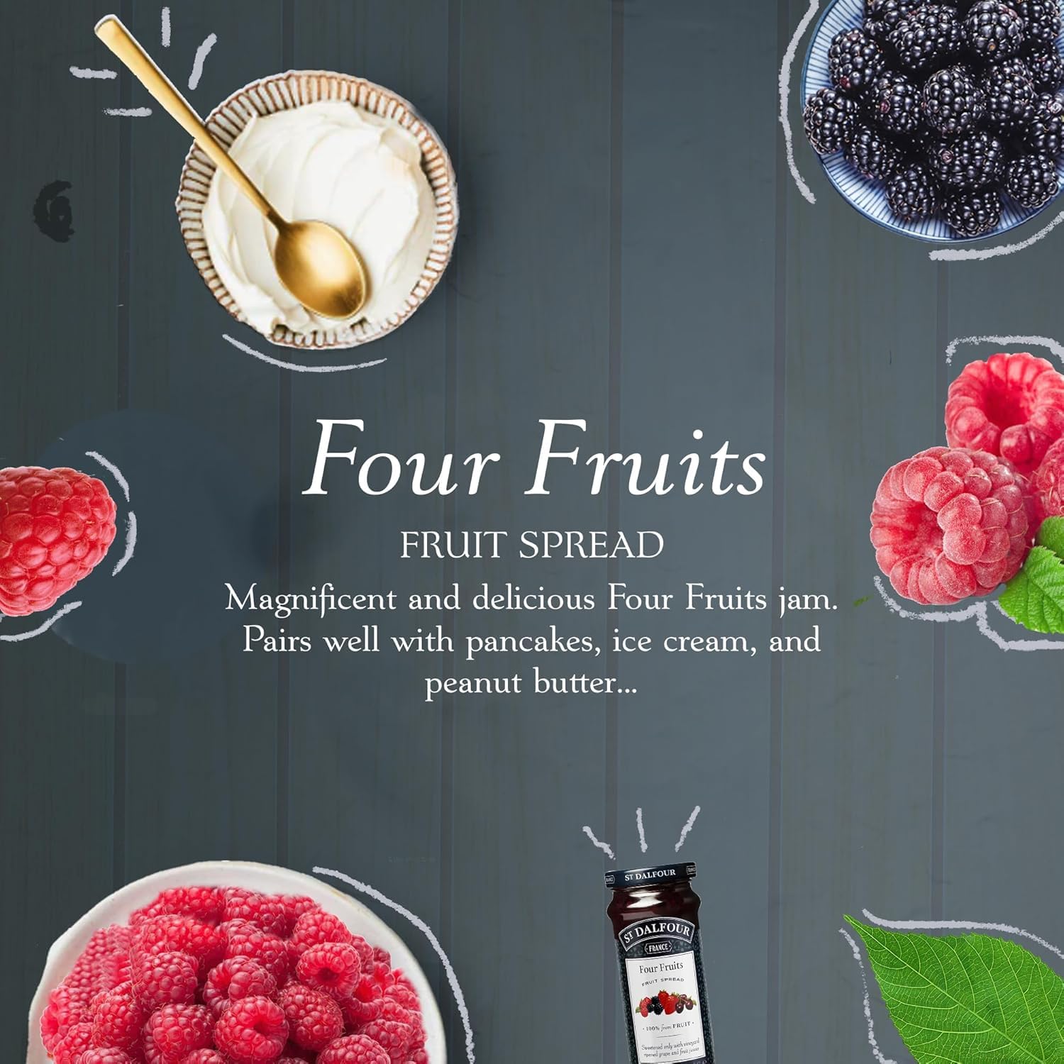 St. Dalfour Premium Four Fruit Spread - Organic Jam with Strawberry, Raspberry, Cherry & Red Currant - Perfect for Toast, Yogurt & Dessert Toppings