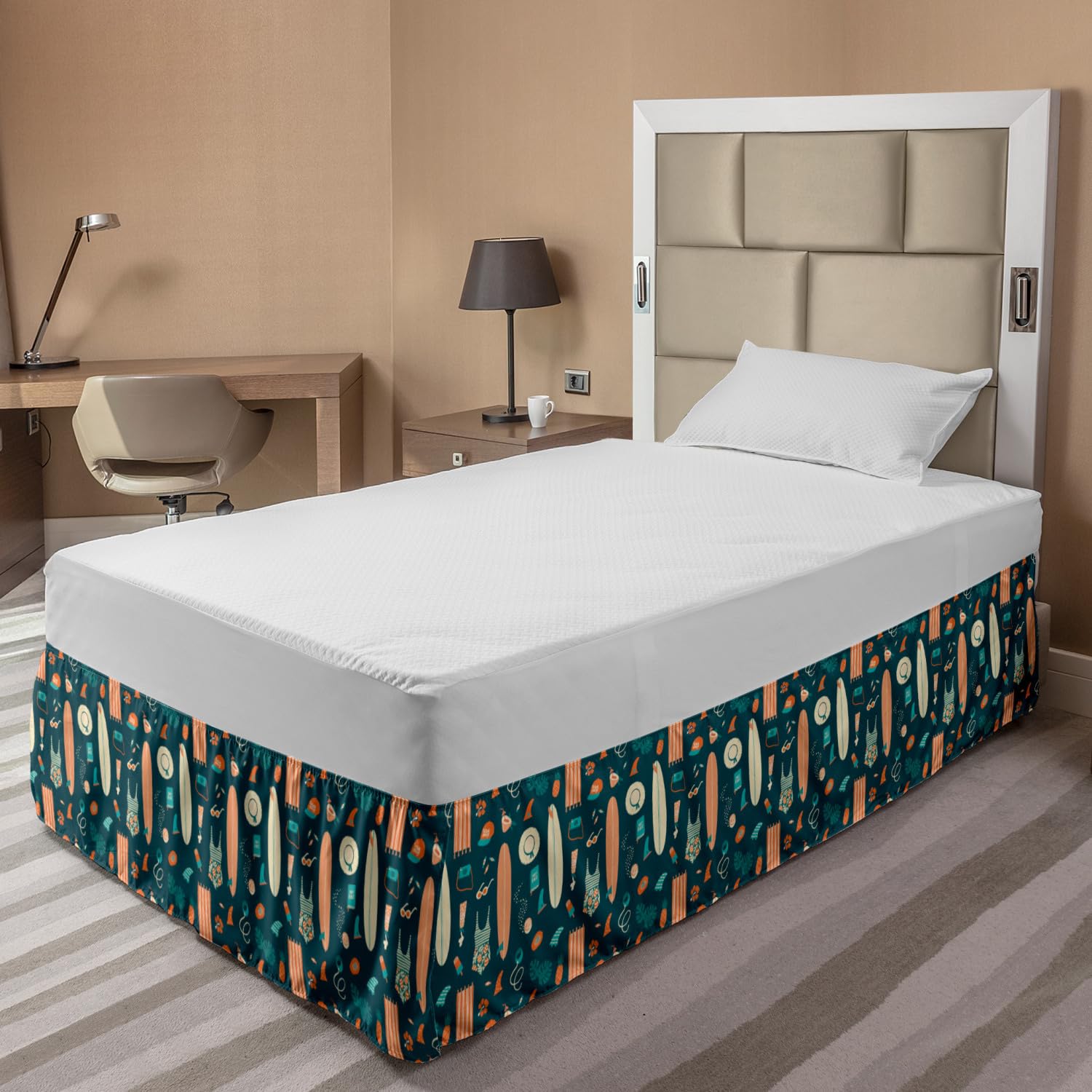 Ambesonne Hawaiian Tropical Beach Theme Bedskirt - Retro Summer Design Wrap Around Elastic Gathered Bed Skirt for Full Size Beds - Teal Salmon Coastal Bedroom Decor | Perfect for Beach House, Vacation Rental & Tropical Themed Bedrooms