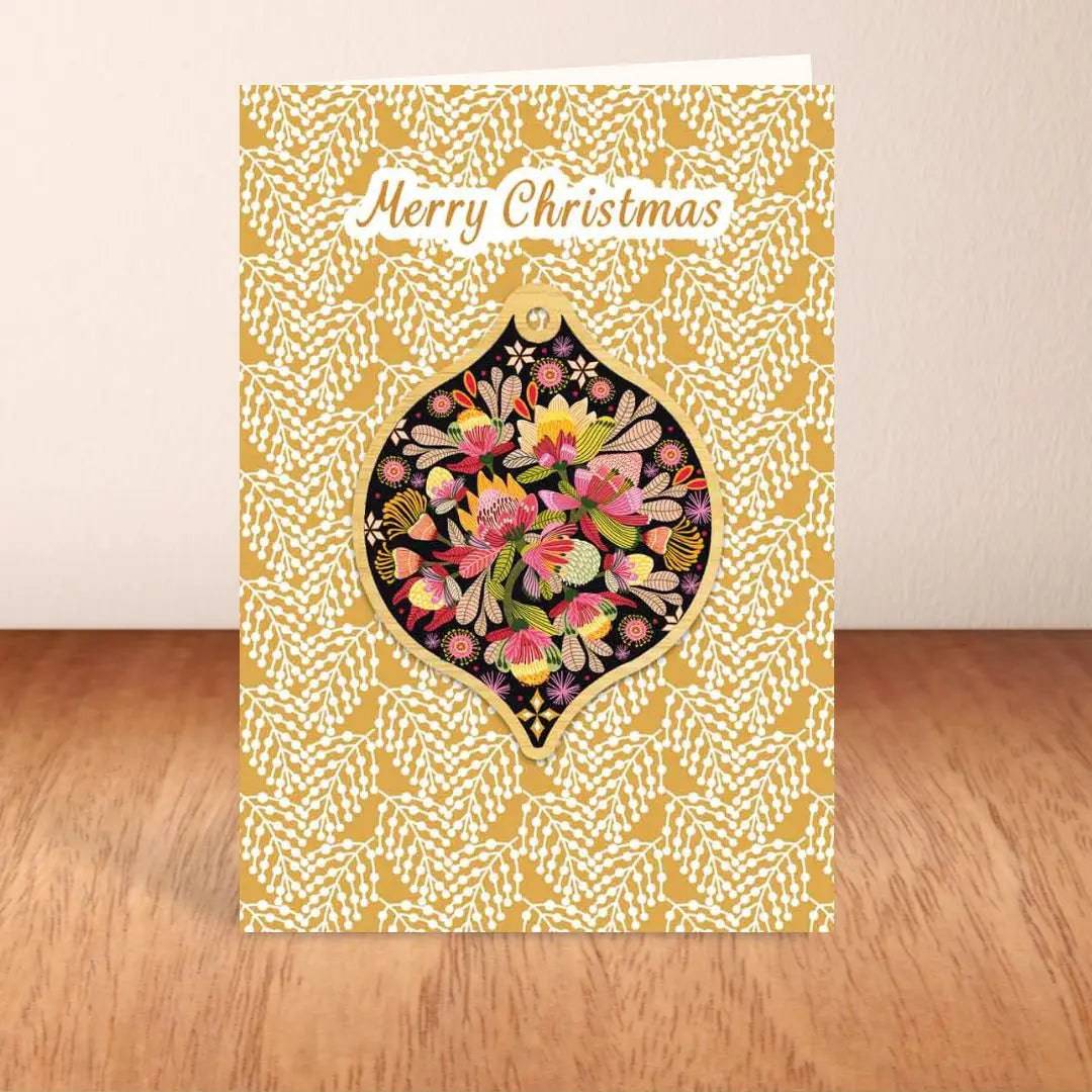 Wild Proteas Christmas Card & Wooden Ornament - Festive Holiday Greeting Card Set with Floral Design for Xmas Tree Decorations & Gift Giving