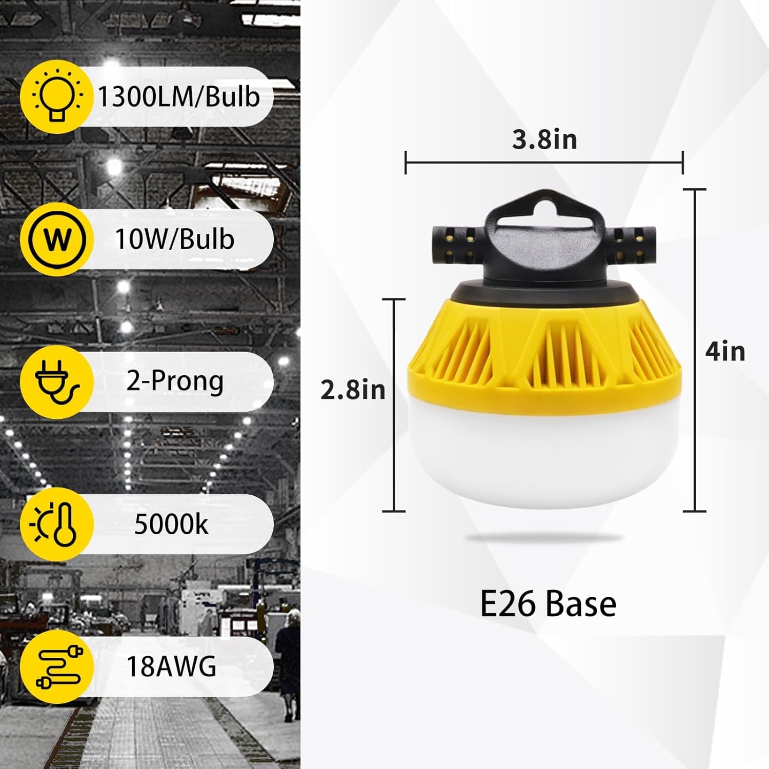 StarWorld 100FT 10-Bulb LED Construction String Lights - 100W Waterproof Temporary Work Lighting with Aluminum Housing (1300LM, E26 Base) - Ideal for Jobsite, Attic, Crawlspace, Warehouse & Outdoor Use