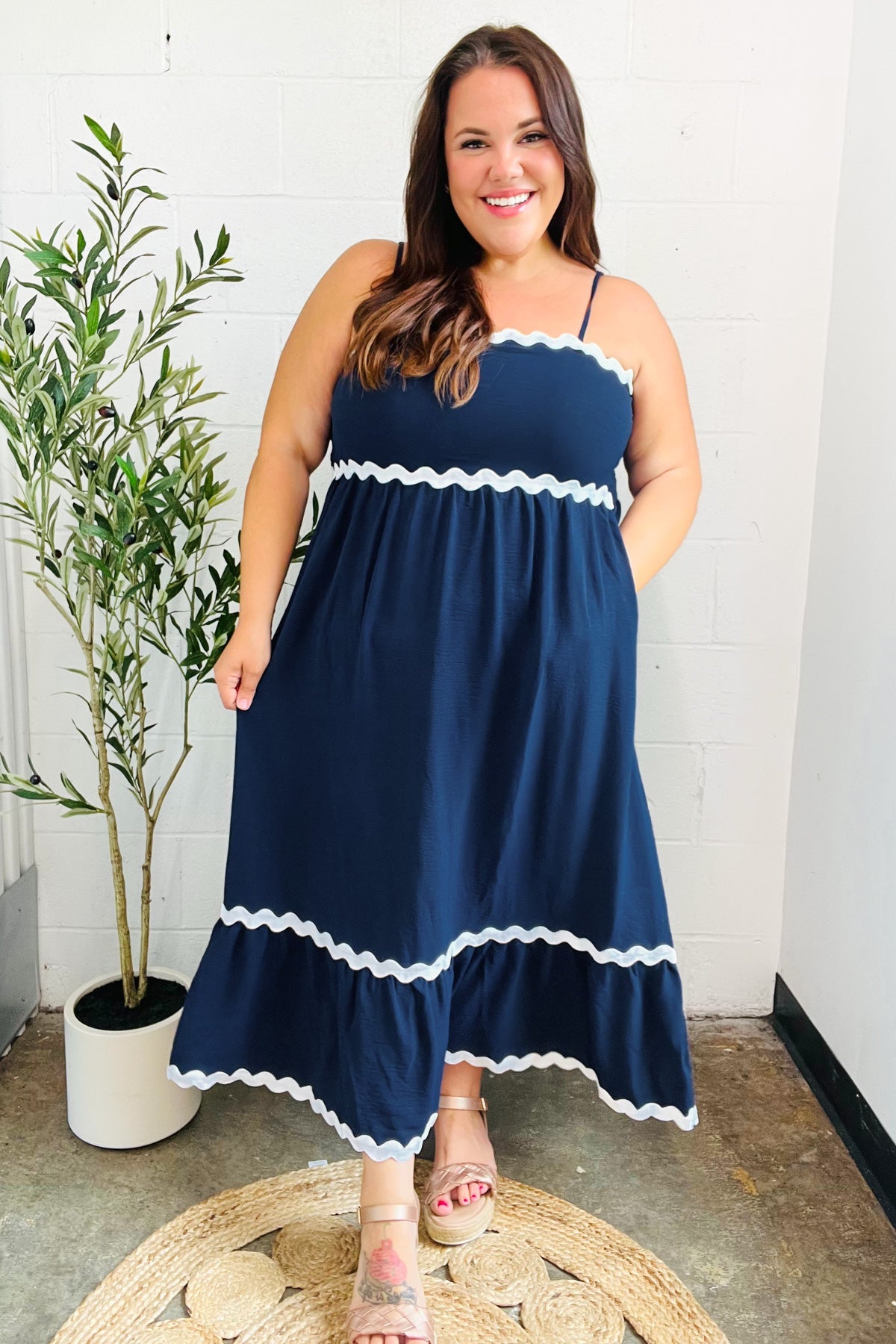 Bold & Sassy Navy Blue Square Neck Maxi Dress with Ric Rac Trim & Adjustable Straps - Perfect for Summer Beach Vacations, Date Nights & Boho Chic Outfits