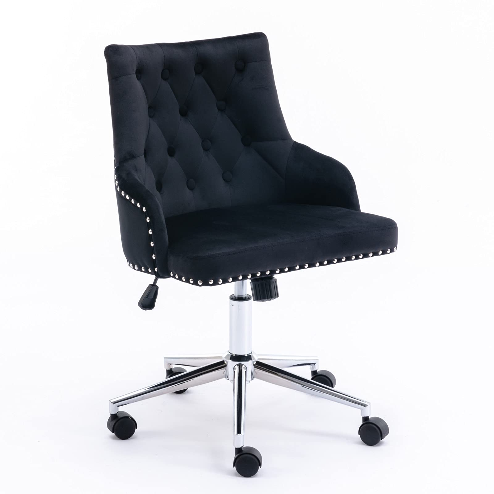 Velvet Desk Chair - Tufted Office Chair with Wheels, Swivel Armchair for Bedroom & Living Room, Fabric Task Chair for Home Office & Vanity - Black (Perfect for Workspace, Study & Makeup Area)