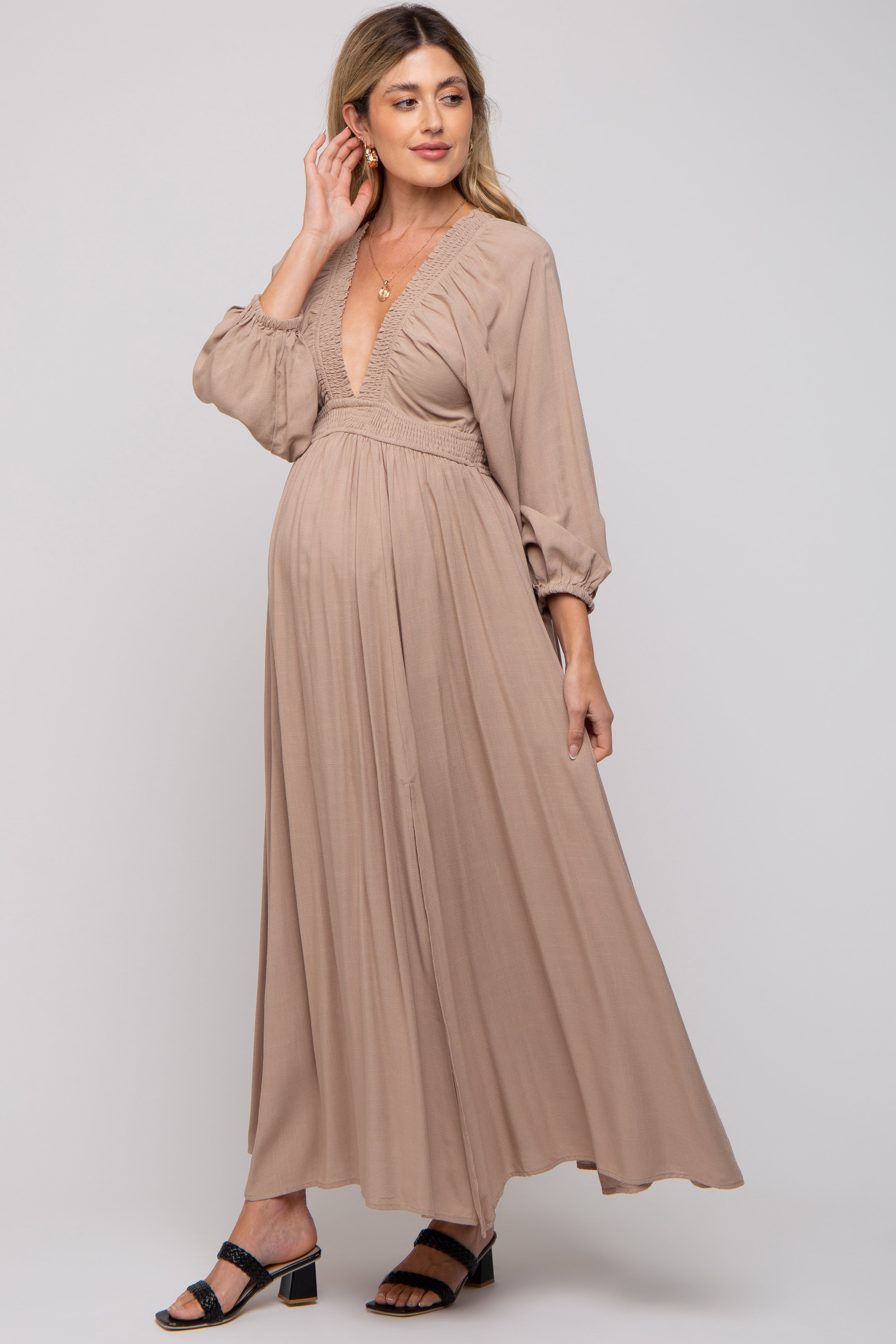 Beige Deep V Neck Smocked Waist Maternity Maxi Dress for Pregnancy - Comfortable Stretchy Flowy Long Dress for Baby Shower, Maternity Photo Shoot, Summer Vacation & Special Occasions