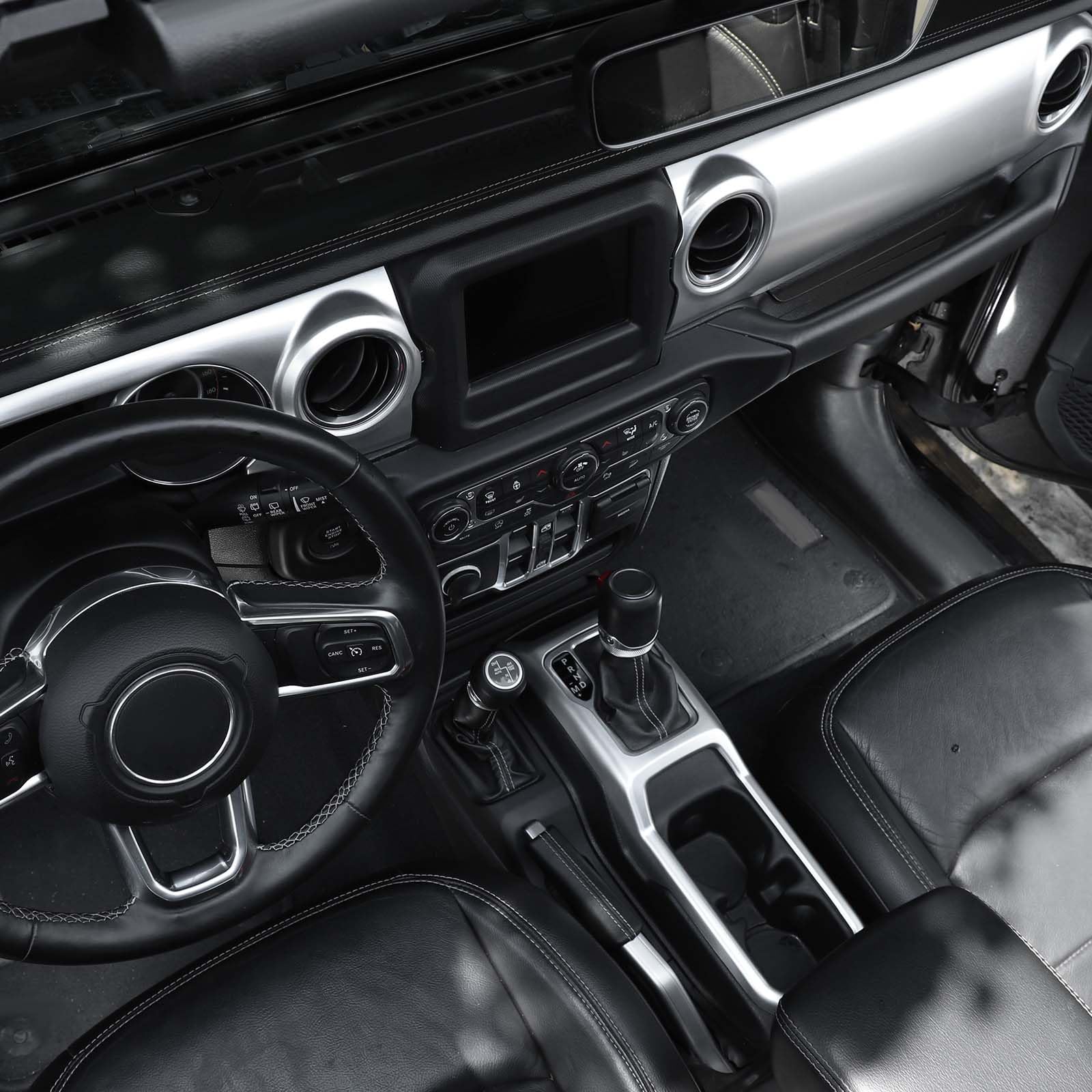 RT-TCZ Silver Dash Trim Cover & Gear Shift Panel Frame for Jeep Wrangler JL/JLU/Gladiator JT (2018-2023) - 3pc Interior Accessories for Enhanced Cabin Style & Protection