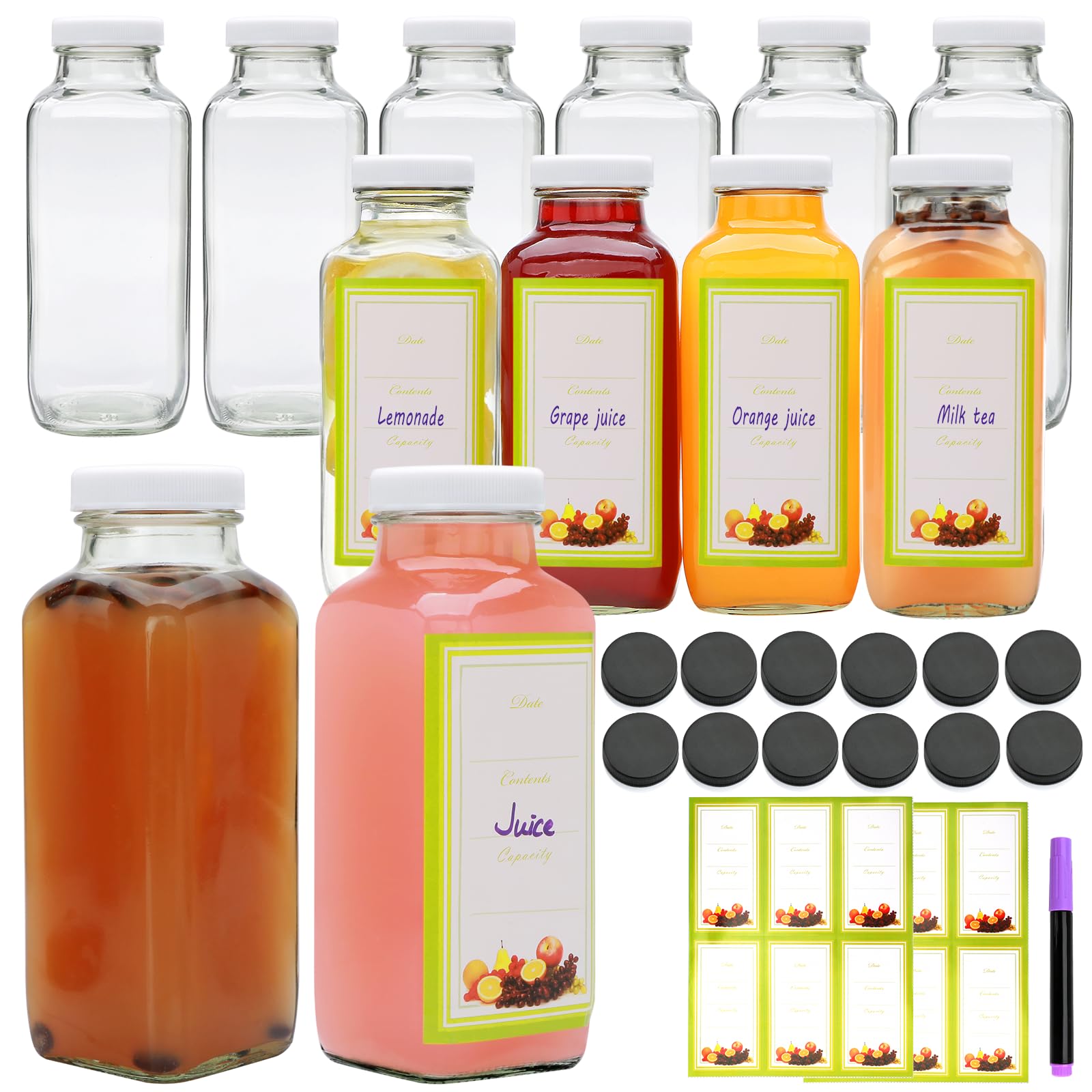 Brajttt 12 oz Glass Juice Bottles with Lids - Set of 12 Reusable Square Beverage Containers for Milk, Juice, Tea, Milkshake, Water, Honey & Jam - Perfect for Home, Office, Restaurant & Meal Prep Storage