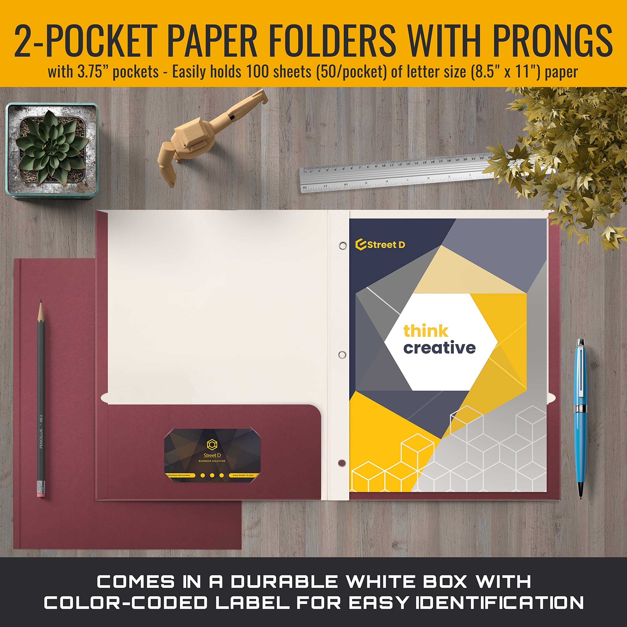 50 Pack Burgundy Red 2-Pocket Folders with Prong Fasteners - Matte Finish Letter Size Office Folders for School, Work & Document Organization